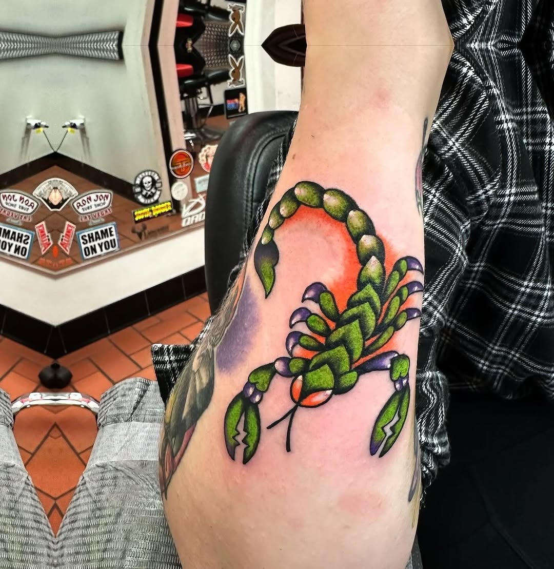 Scorpion fine line tattoo on the forearm by Jaleel Trantow