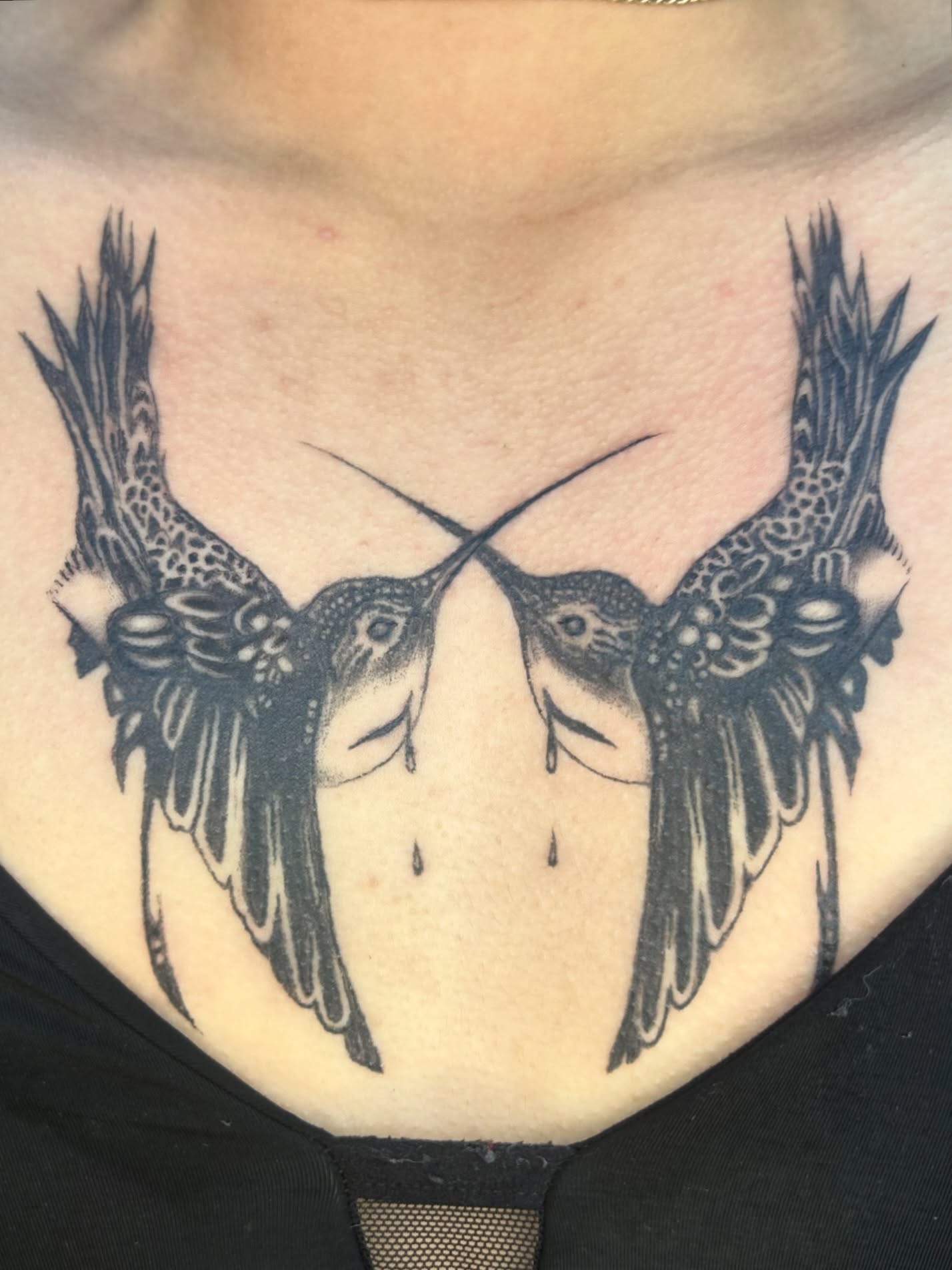 Hummingbirds black and grey tattoo on the chest by 𝖌𝖆𝖇𝖊˚༘ ೀ⋆｡˚