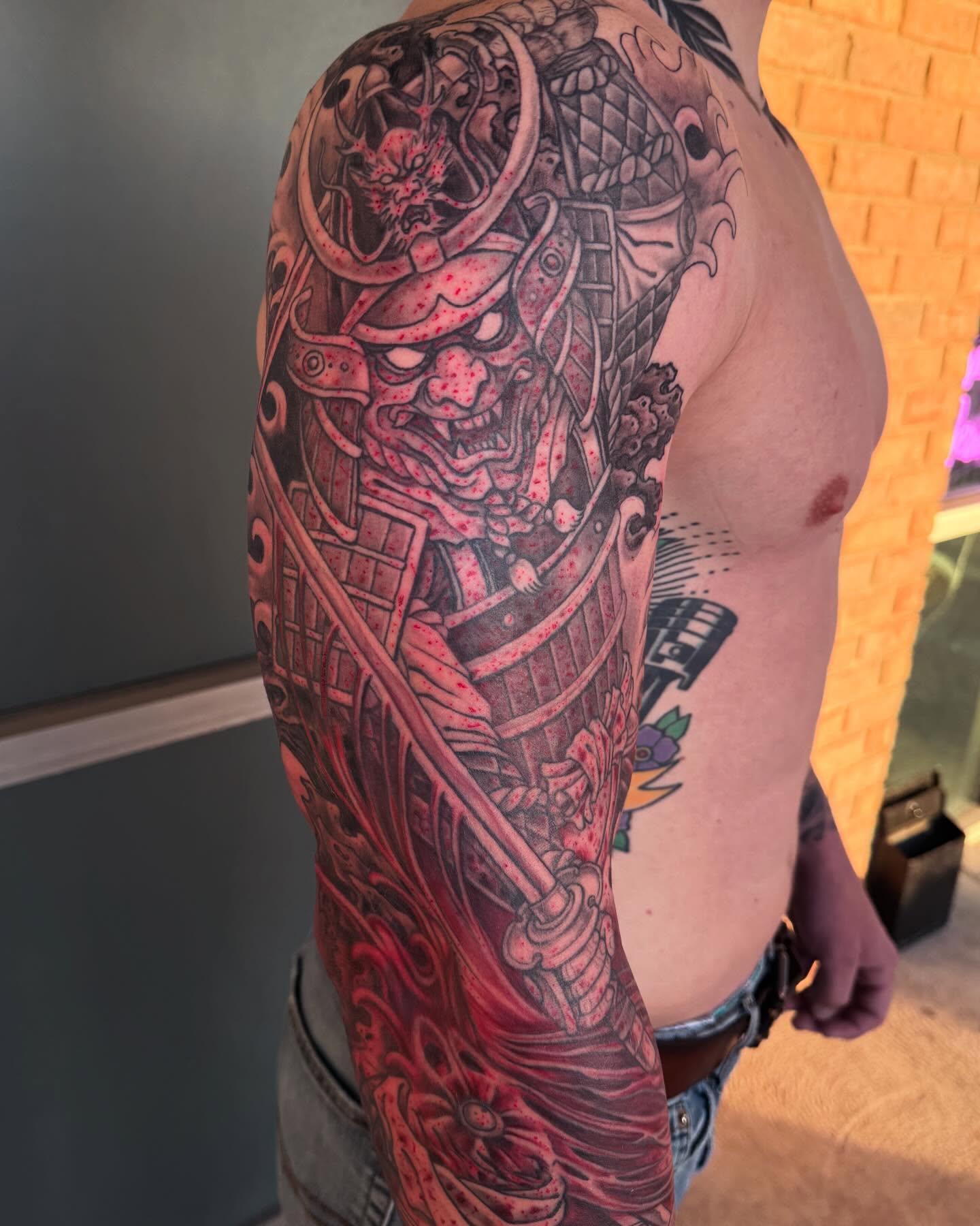 Samurai warrior japanese irezumi tattoo on the upper arm by Jesse Gray