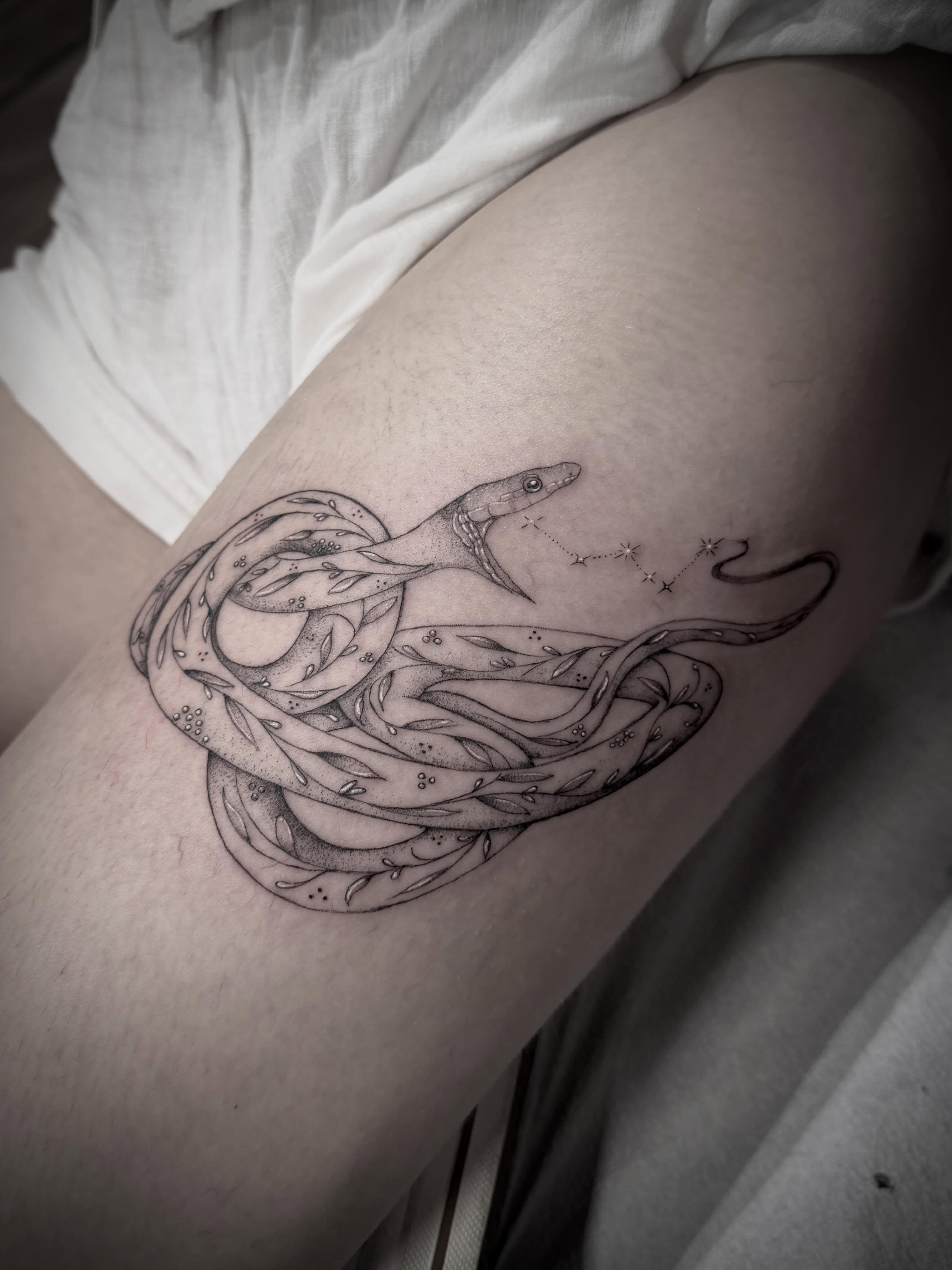 Serpent black and grey tattoo on the thigh by Tattoos by Robyn Pallotta, Austin, Texas