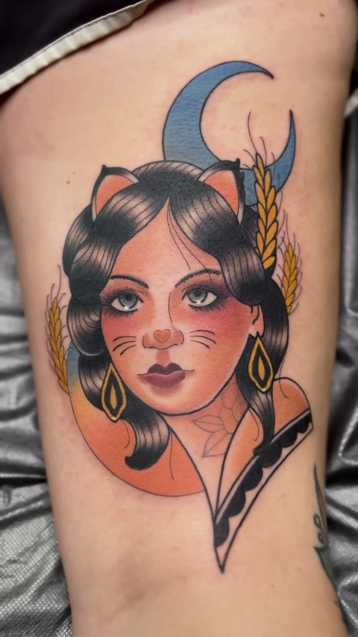 Neo-traditional tattoo on the thigh by Brandon Michael