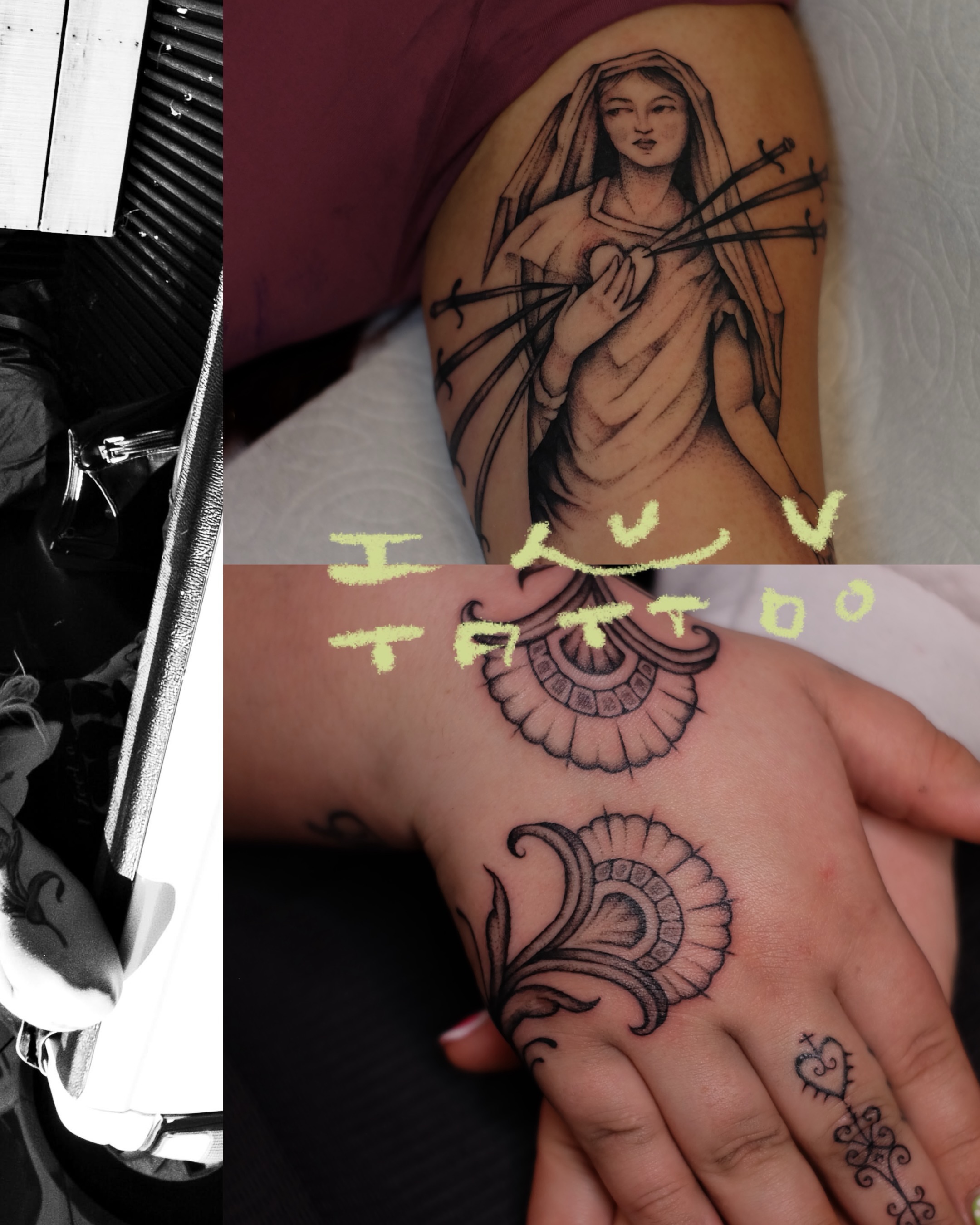 Woman with heart and swords black and grey tattoo on the forearm by Sisilia