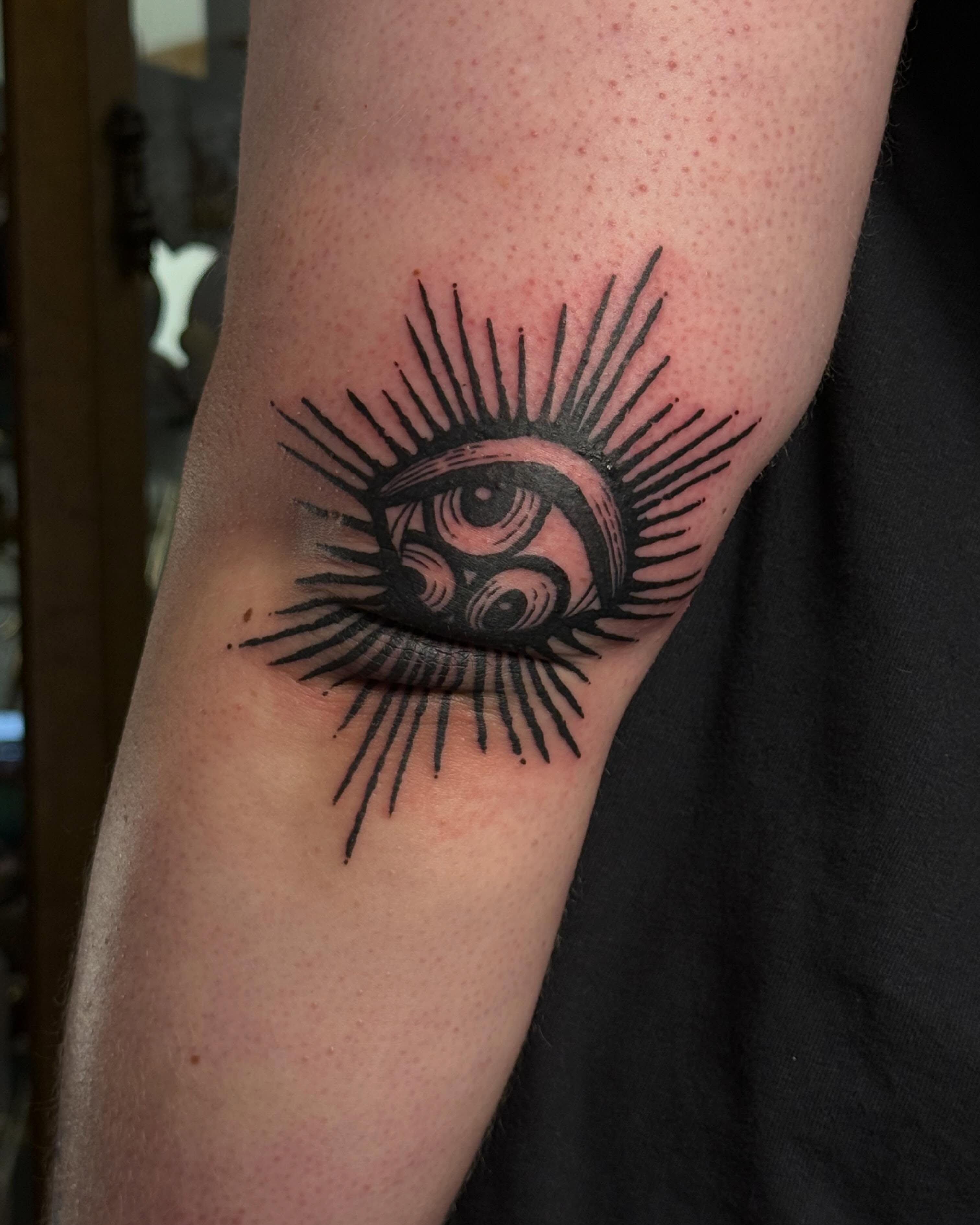 Eye black and grey tattoo on the forearm by Christian