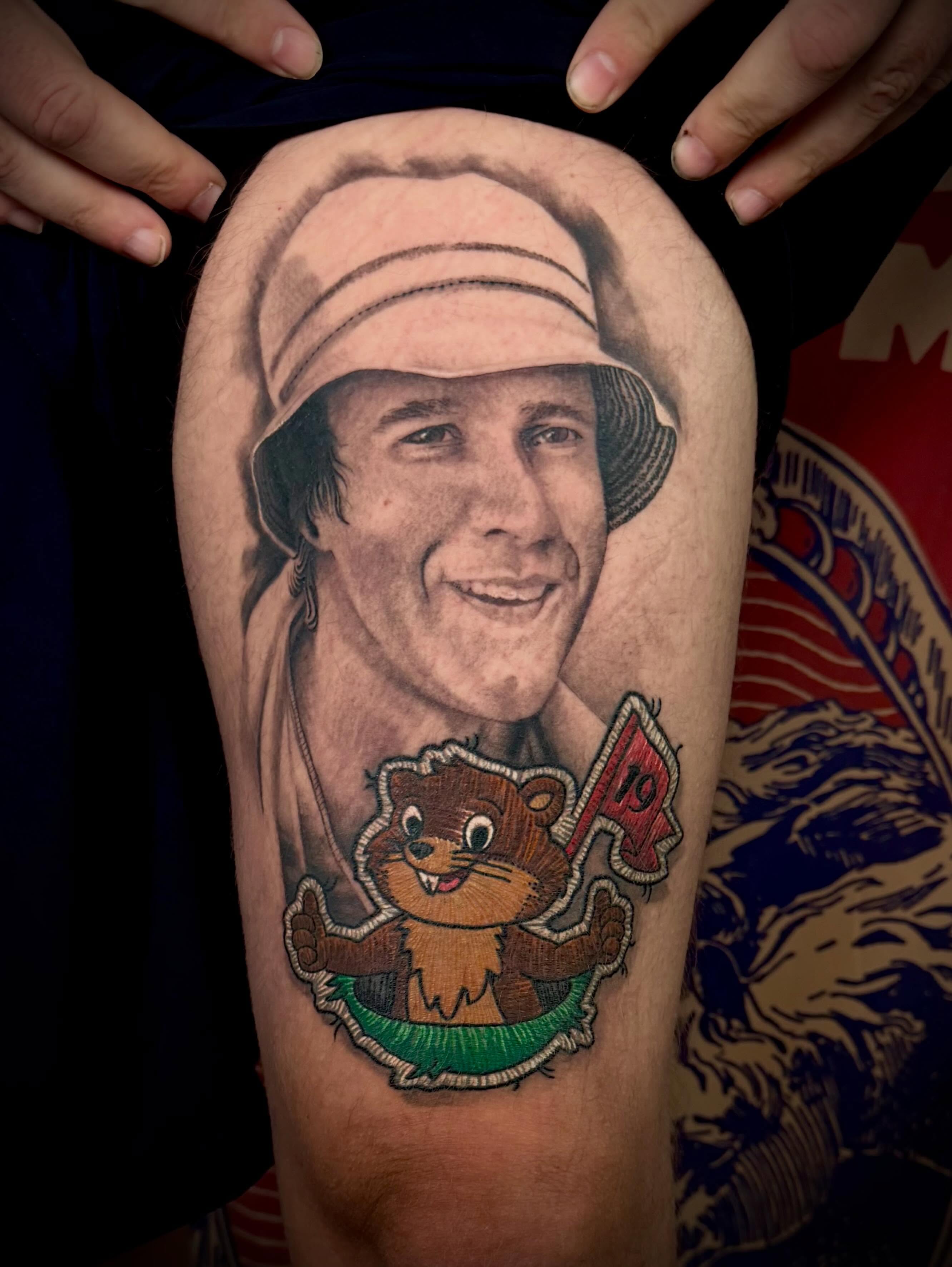 Portrait with groundhog realism tattoo on the thigh by 𝐖𝐄𝐒