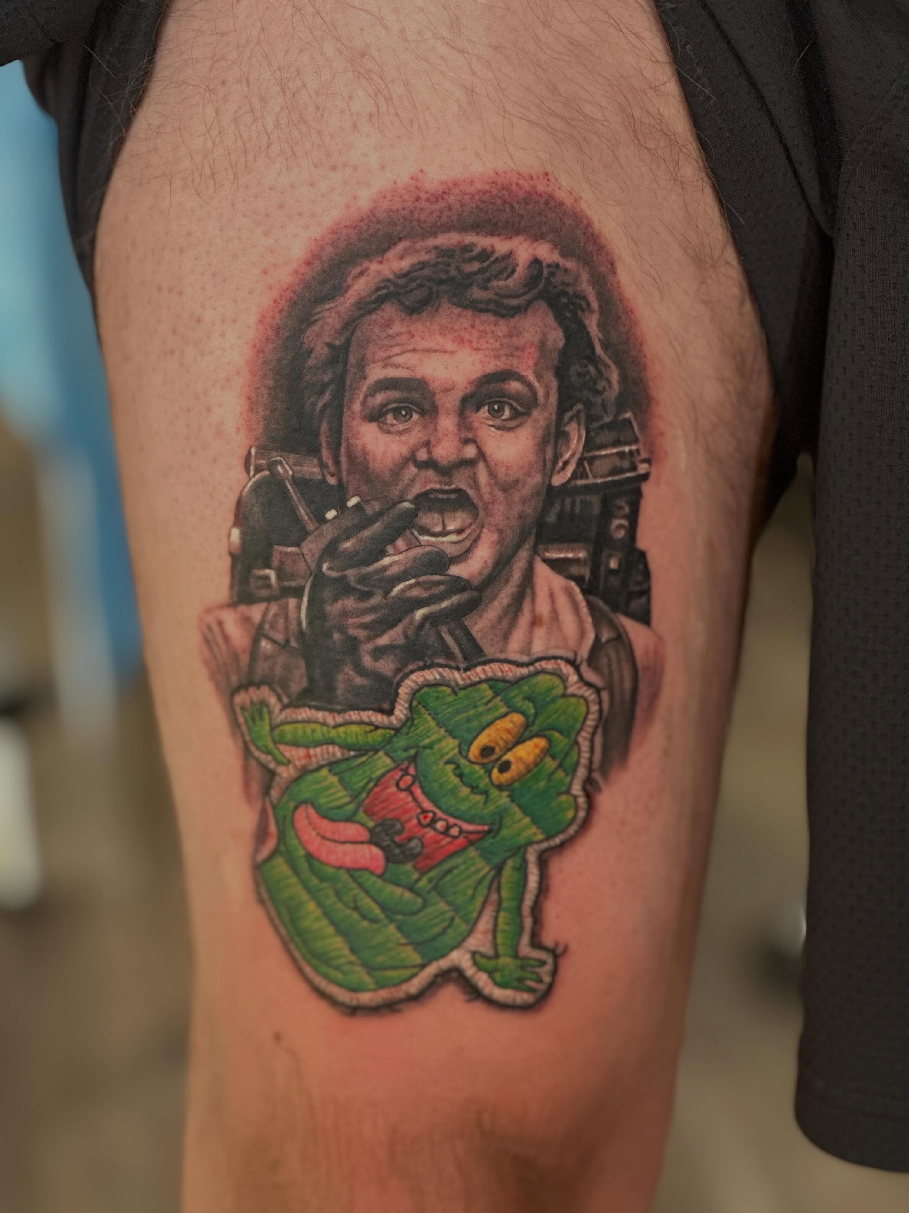 Ghostbusters Slimer realism tattoo on the thigh by 𝐖𝐄𝐒