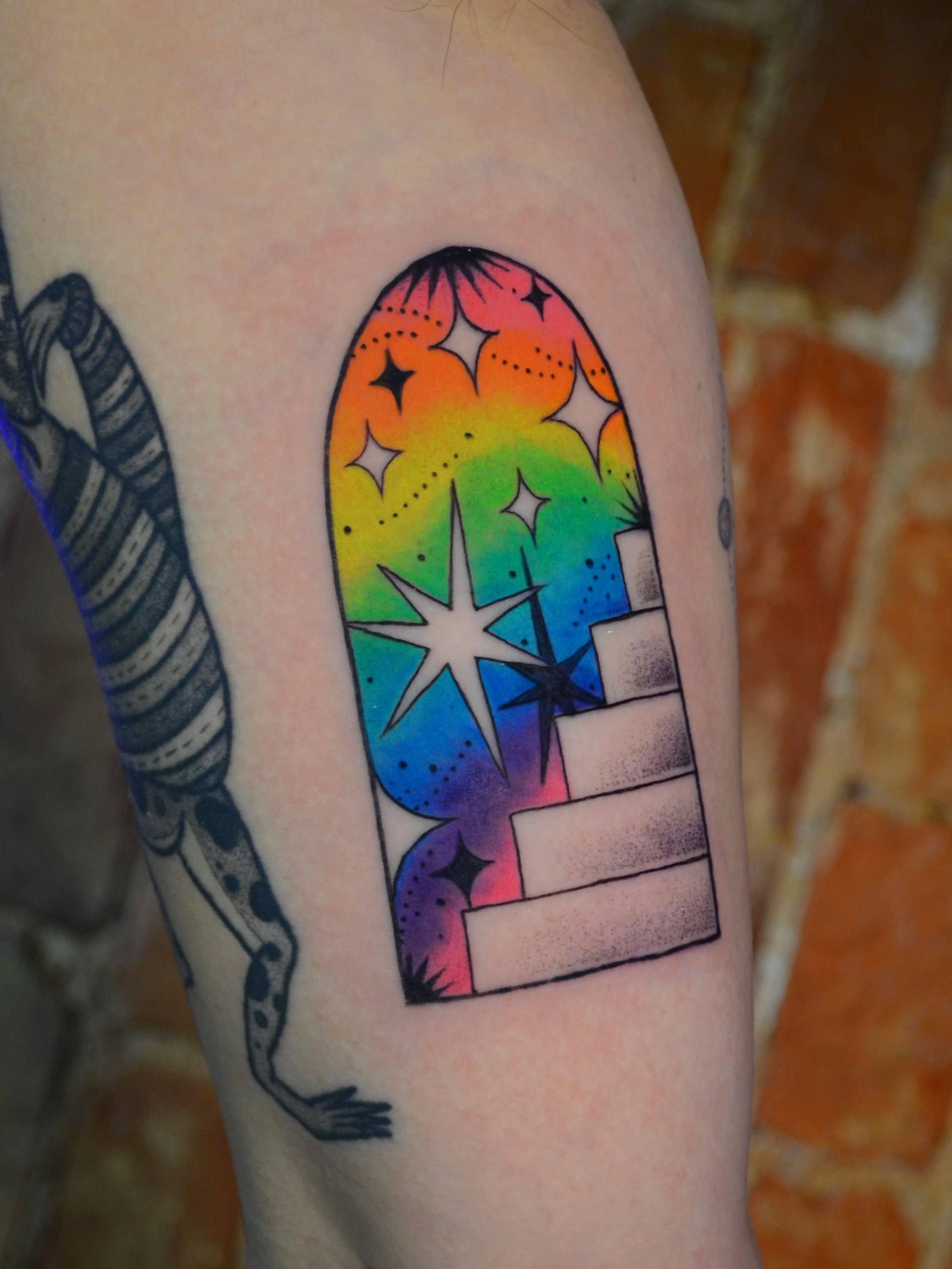 Rainbow staircase dotwork tattoo on the forearm by bird ✦ tattoo artist ✦ philadelphia
