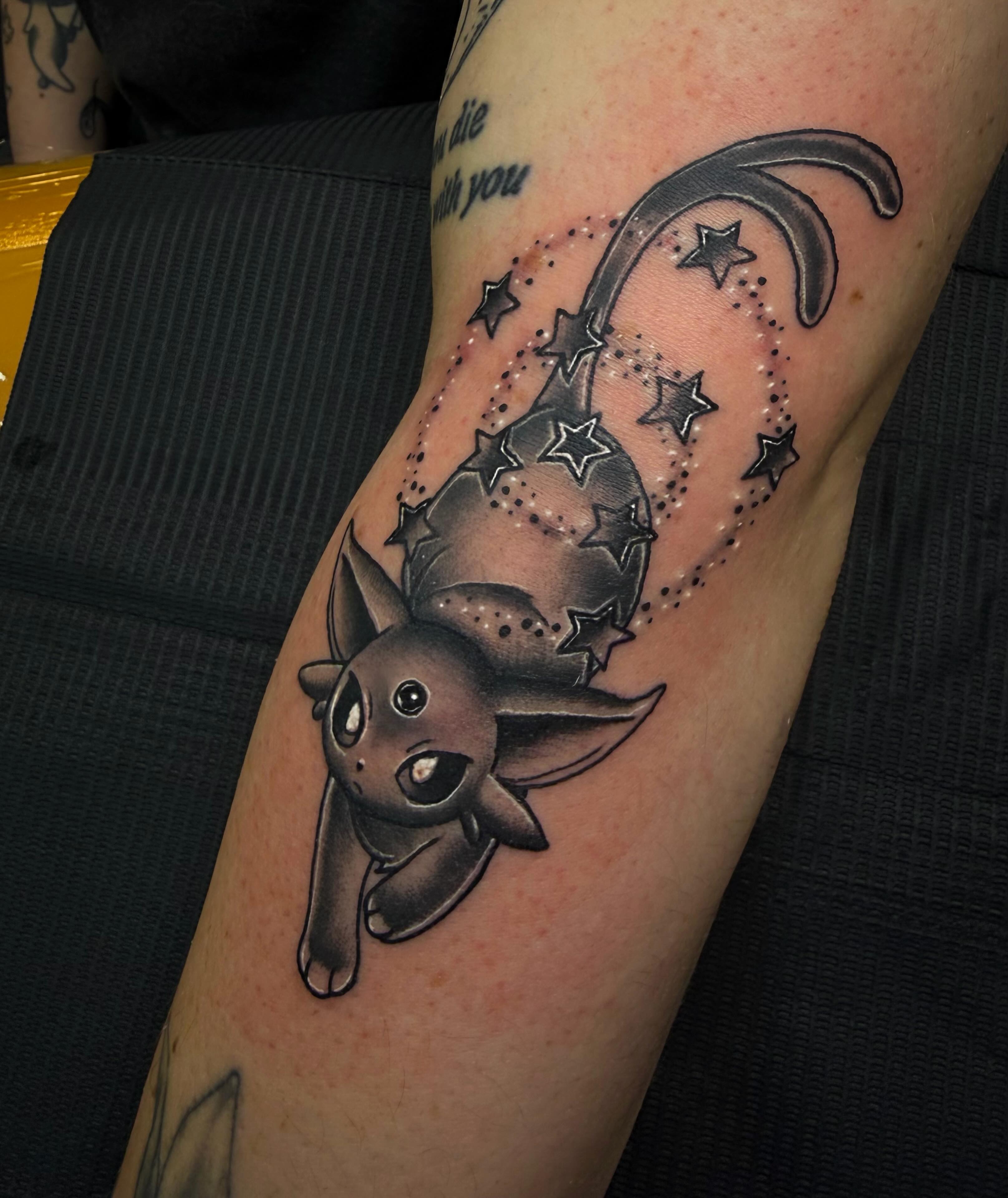 Eevee dotwork tattoo on the forearm by Abigail Lewis