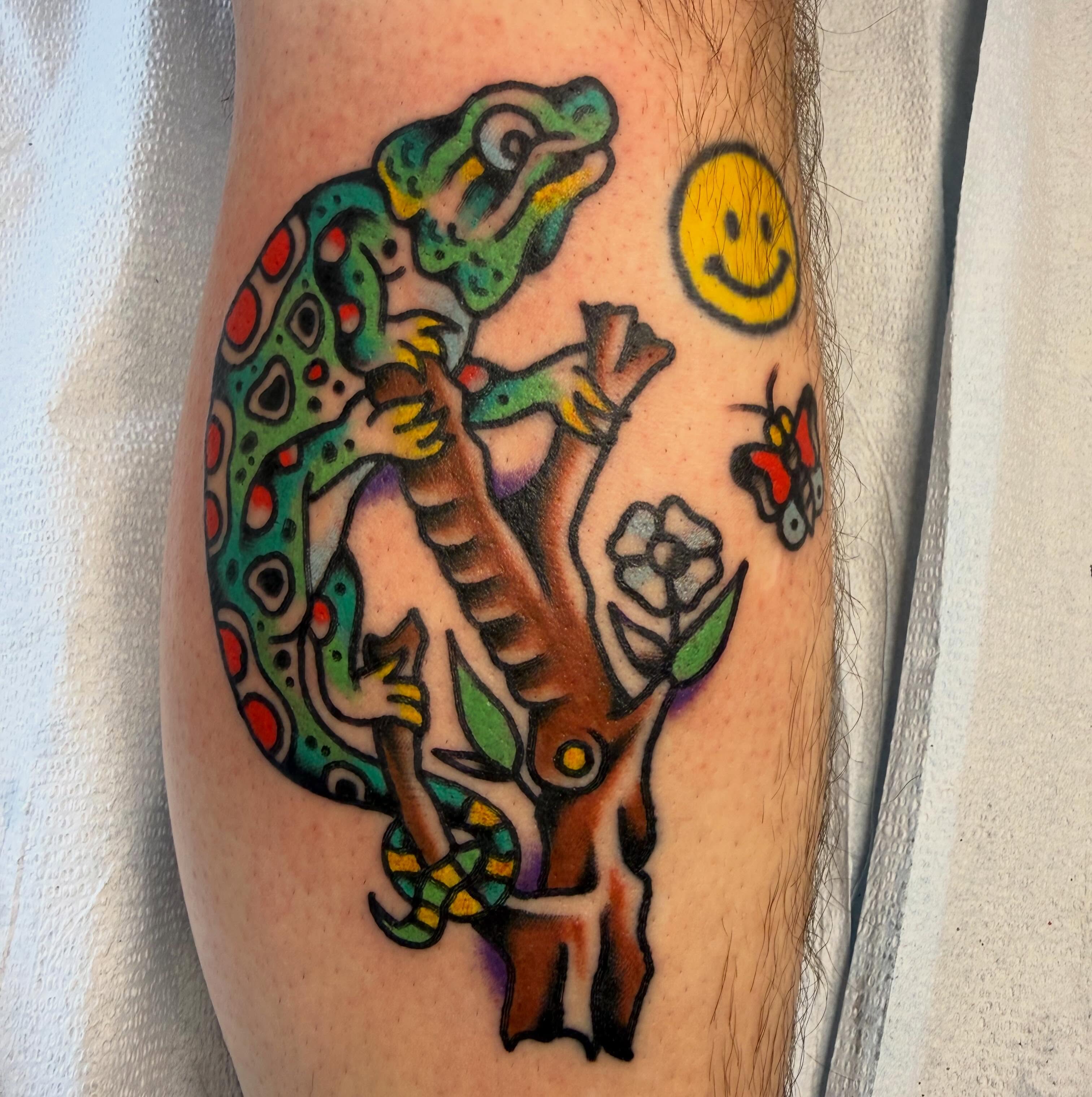 Gecko and butterfly dotwork tattoo on the forearm by Tyler