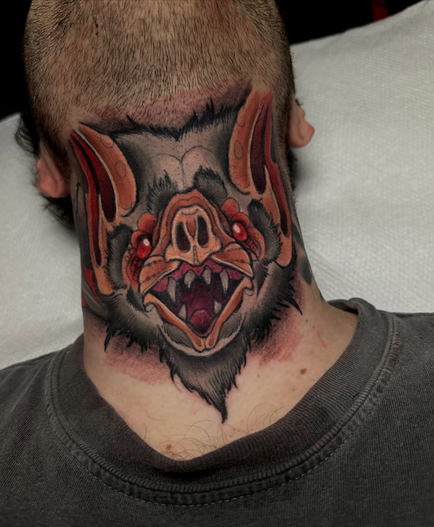 Pig head American traditional tattoo on the neck by 𝐀𝐮𝐬𝐭𝐢𝐧 𝐌𝐨𝐫𝐫𝐢𝐬𝐨𝐧 𝐓𝐚𝐭𝐭𝐨𝐨𝐬