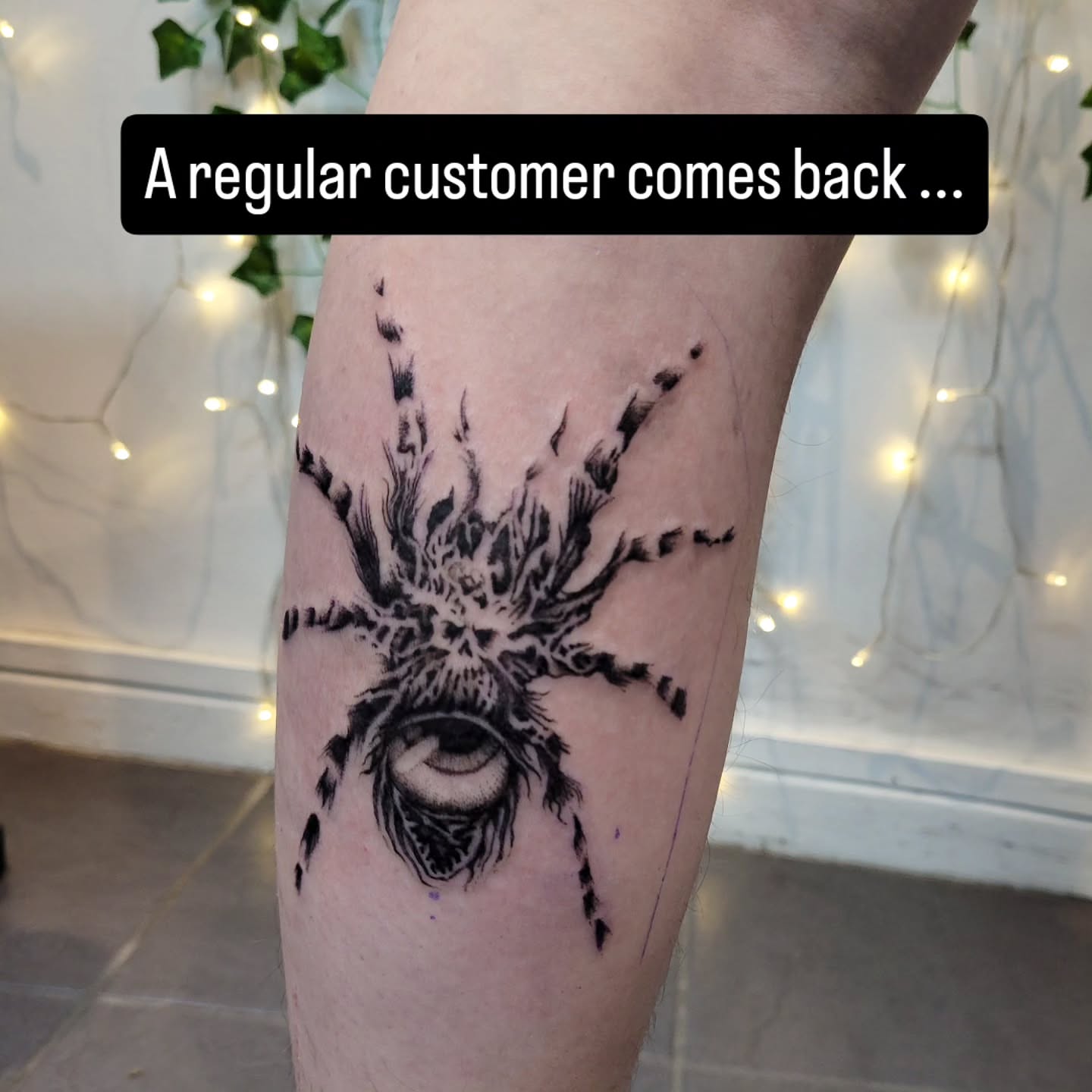 Spider black and grey tattoo on the forearm by Uku Tattoos, Cambridge, England