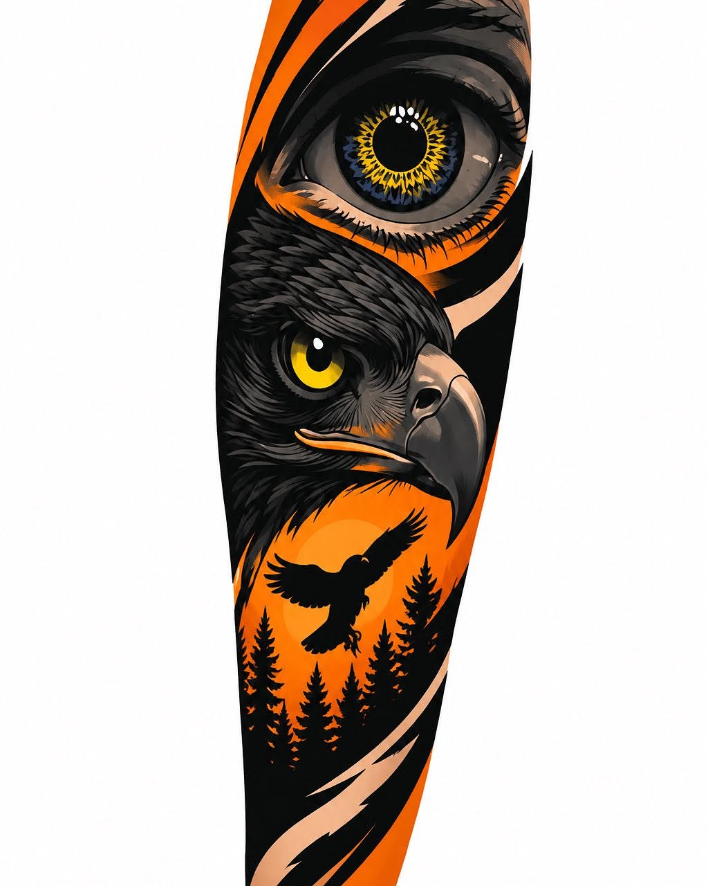 Hawk and forest dark realism tattoo on the forearm by Rachel Sellers