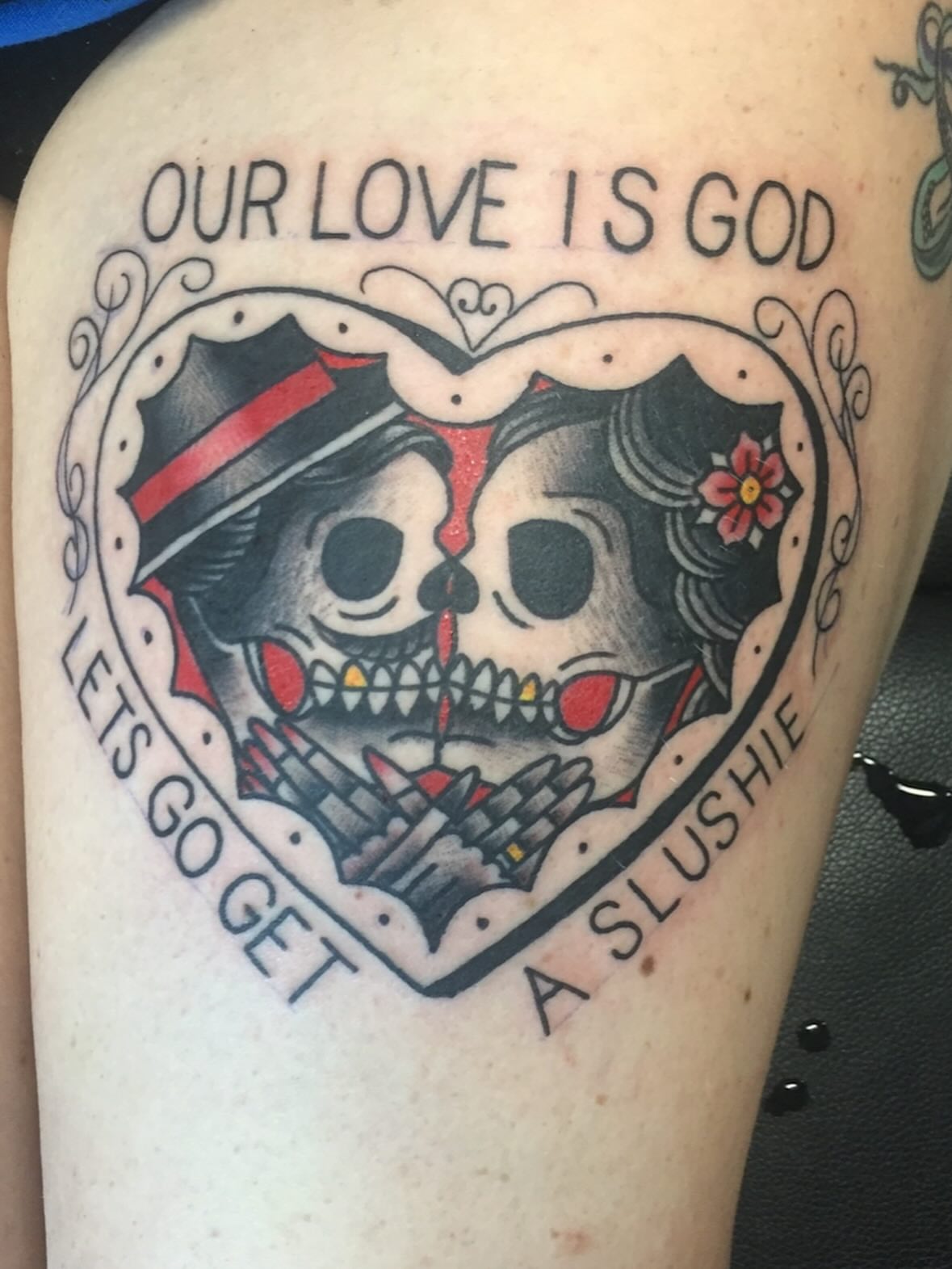 Skulls American traditional tattoo on the shoulder by Scottbarrytattoos@gmail.com