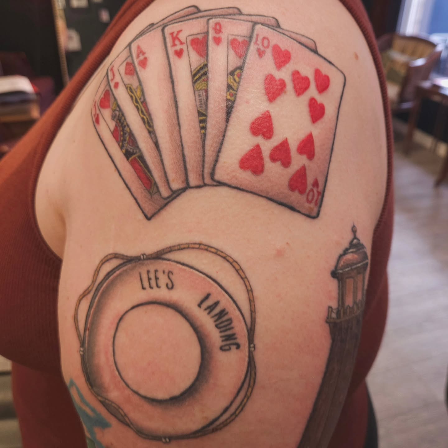 Playing cards American traditional tattoo on the shoulder by πΎπππππ πΎπππππ