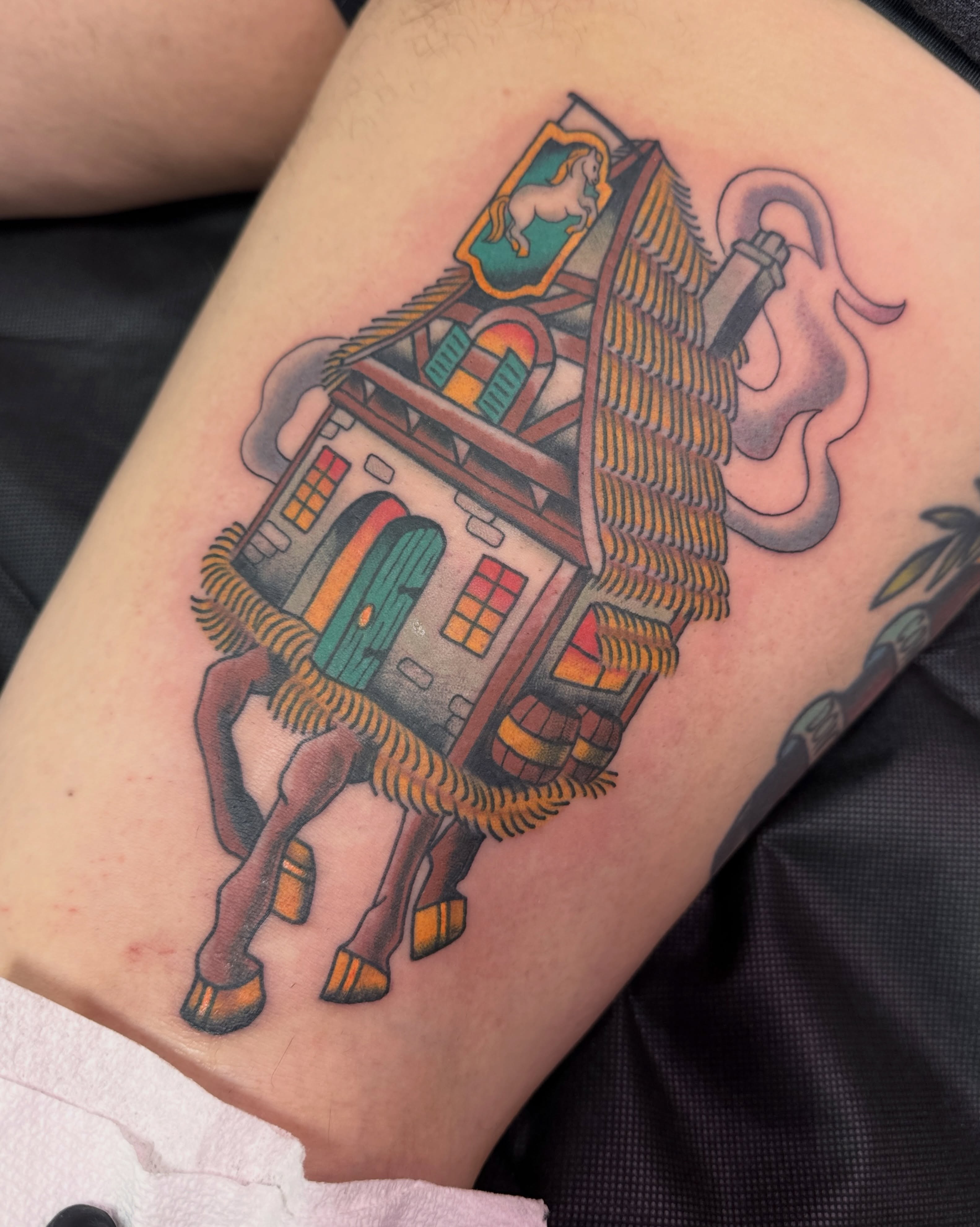 House on horse American traditional tattoo on the forearm by Tannis - Traditional Tattoos in Richmond, VA, Richmond, Virginia
