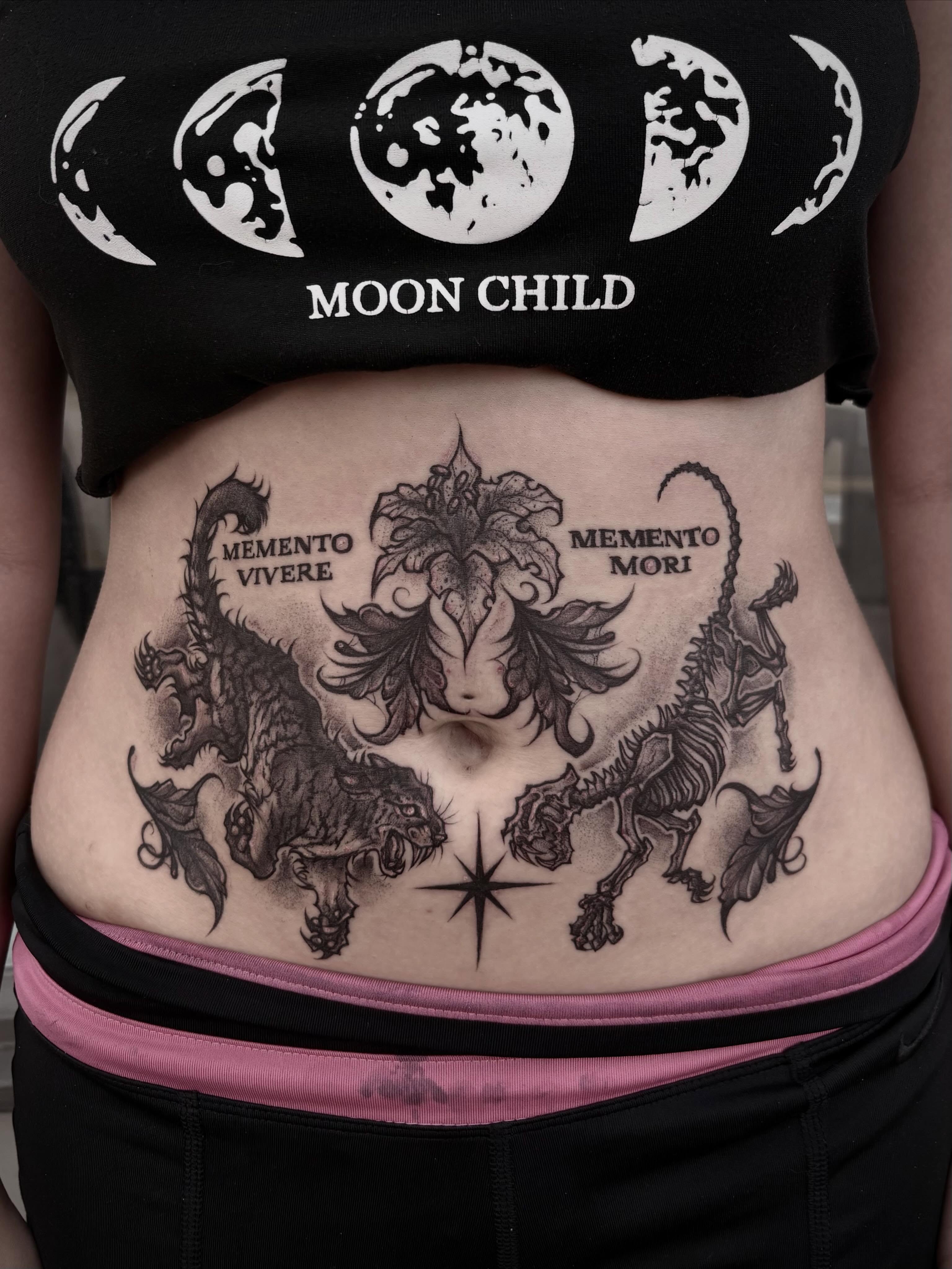 Memento mori geometric tattoo on the torso by ๐ท๐๐๐๐