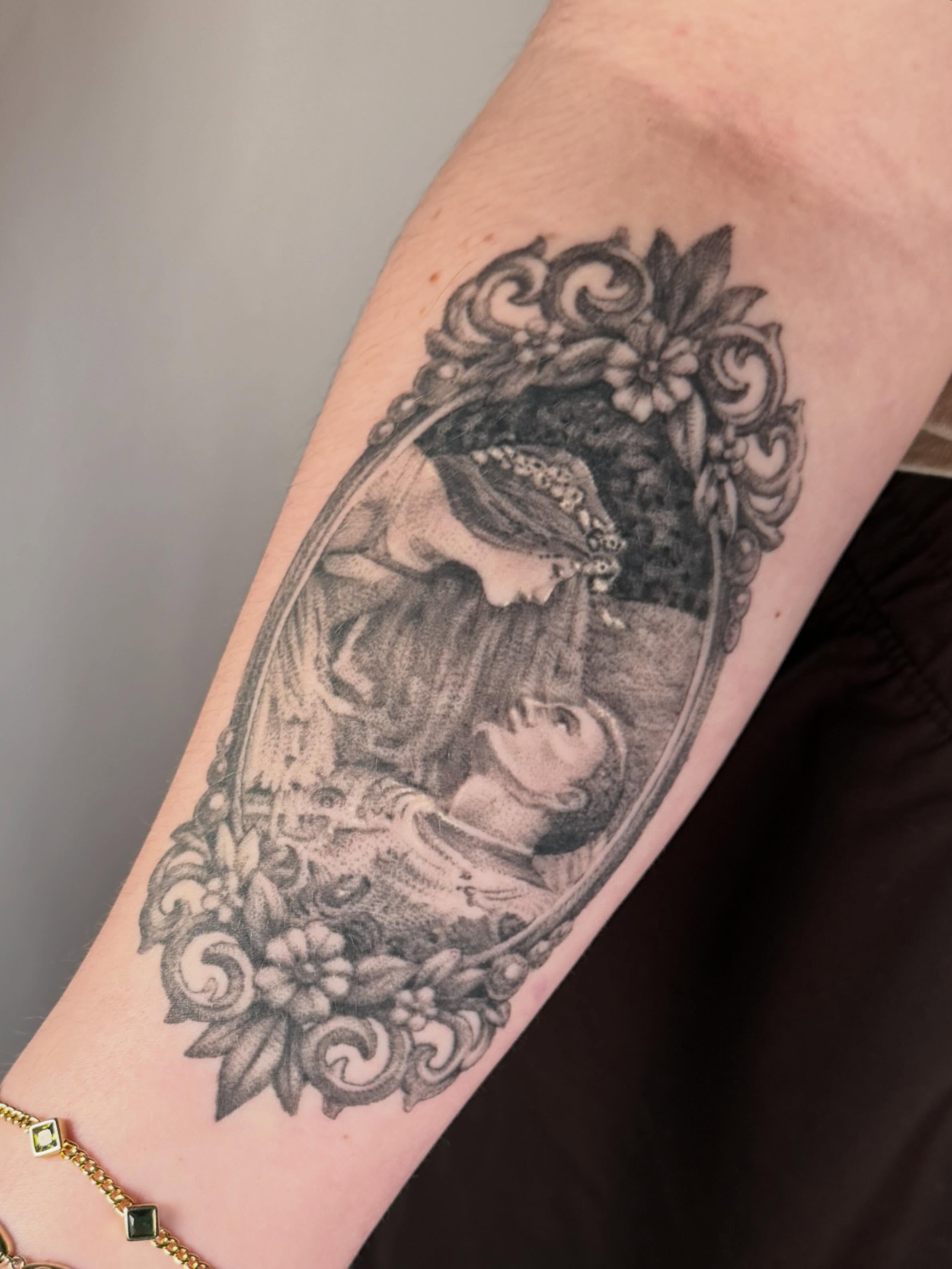 Religious iconography realism tattoo on the forearm by leanna patterson, Ruston, Louisiana