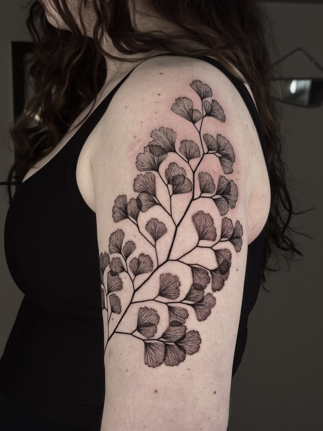 Fern branch dotwork tattoo on the shoulder by hiba ⊹ atlanta tattoo artist, Johns Creek, Georgia