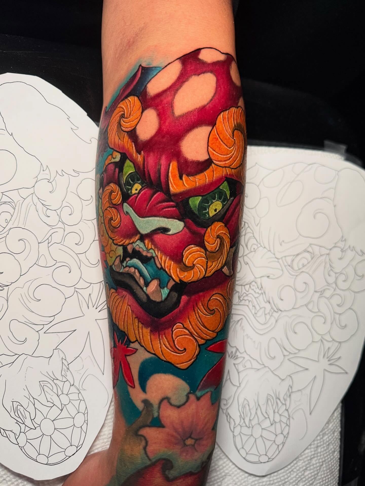 Japanese mask japanese irezumi tattoo on the forearm by BigTatty Kayne
