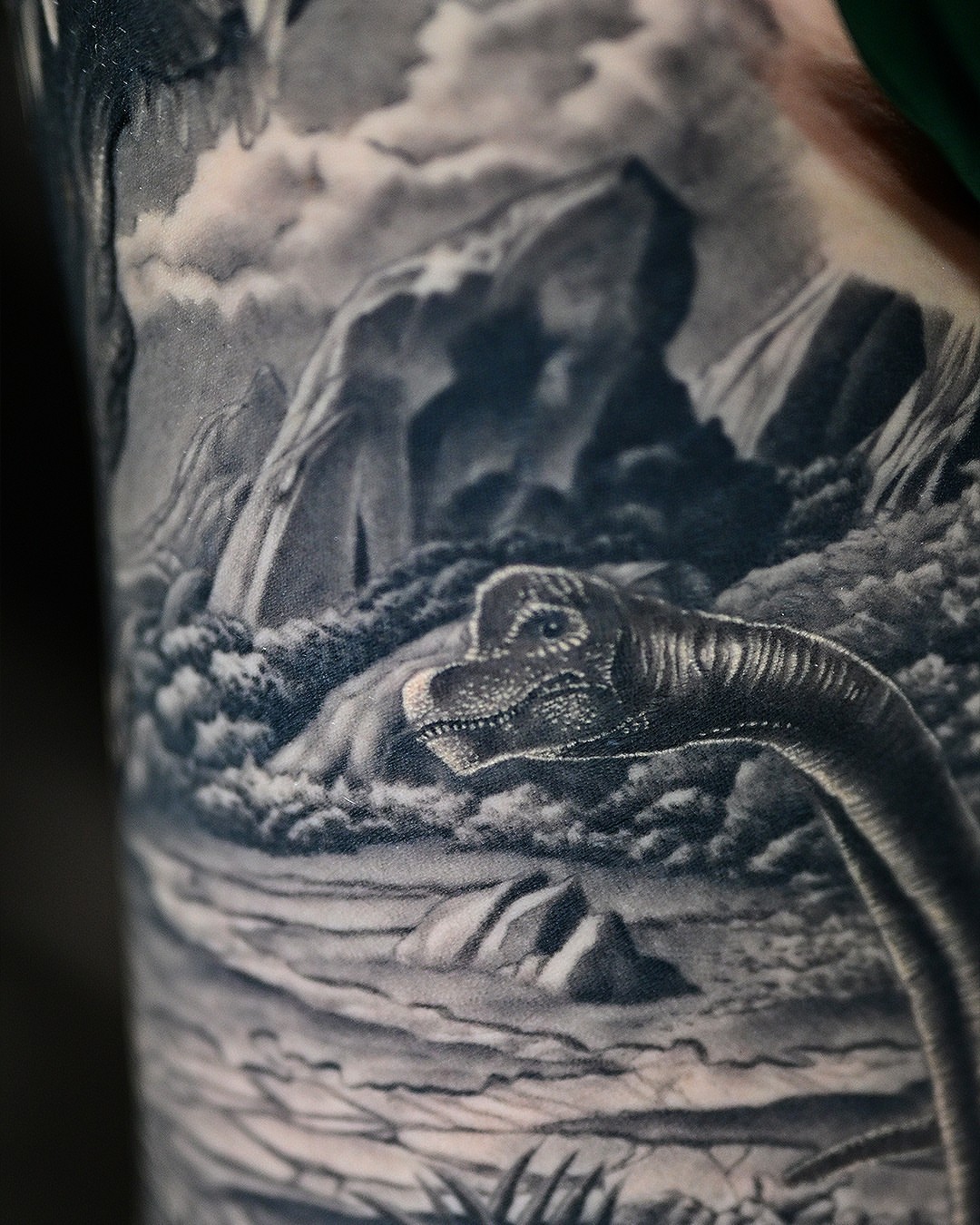 Dinosaur realism tattoo on the forearm by Sean OHara