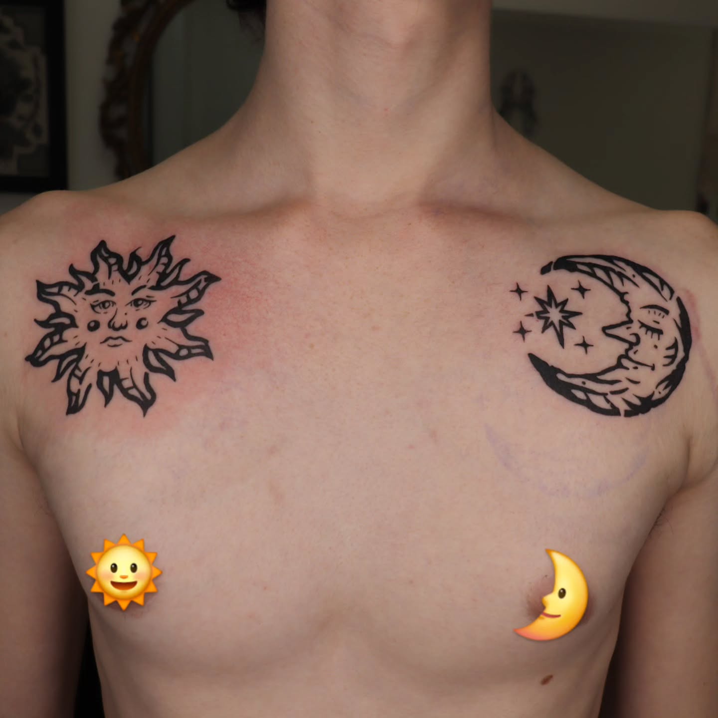 Sun and moon black and grey tattoo on the chest by Veronika Lipchak