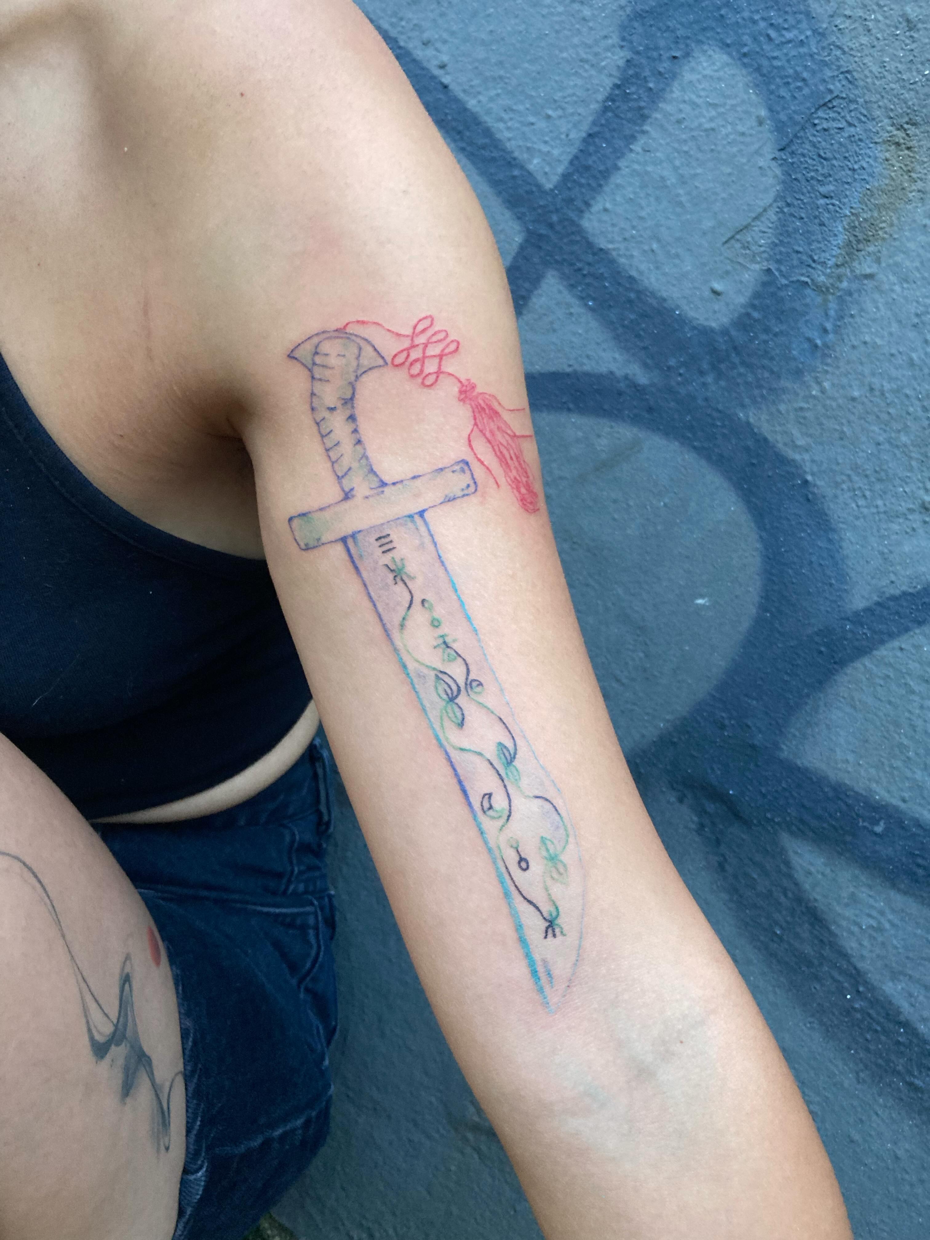 Sword new school tattoo on the forearm by 잡초