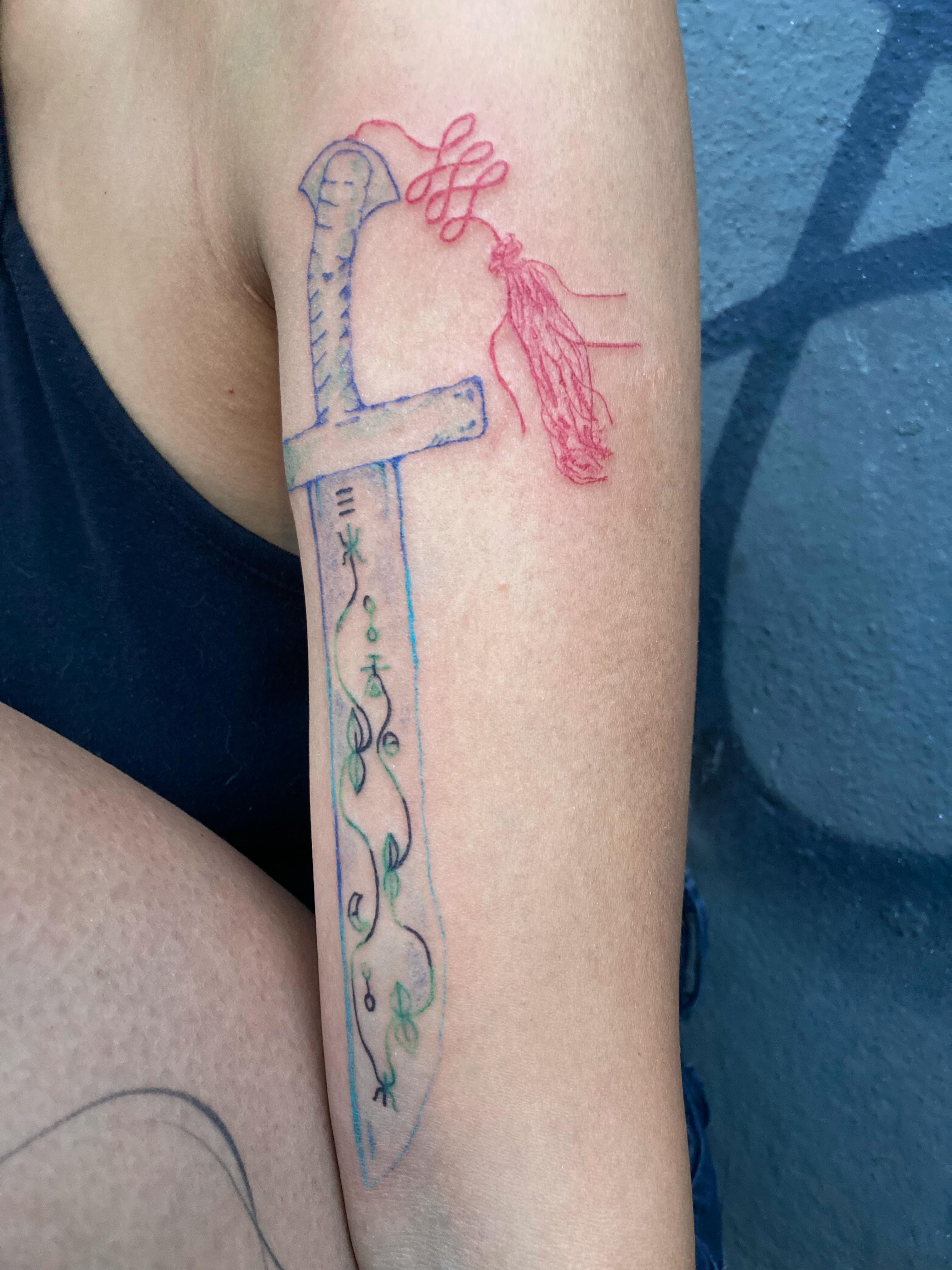 Sword and ghost neo-traditional tattoo on the forearm by 잡초