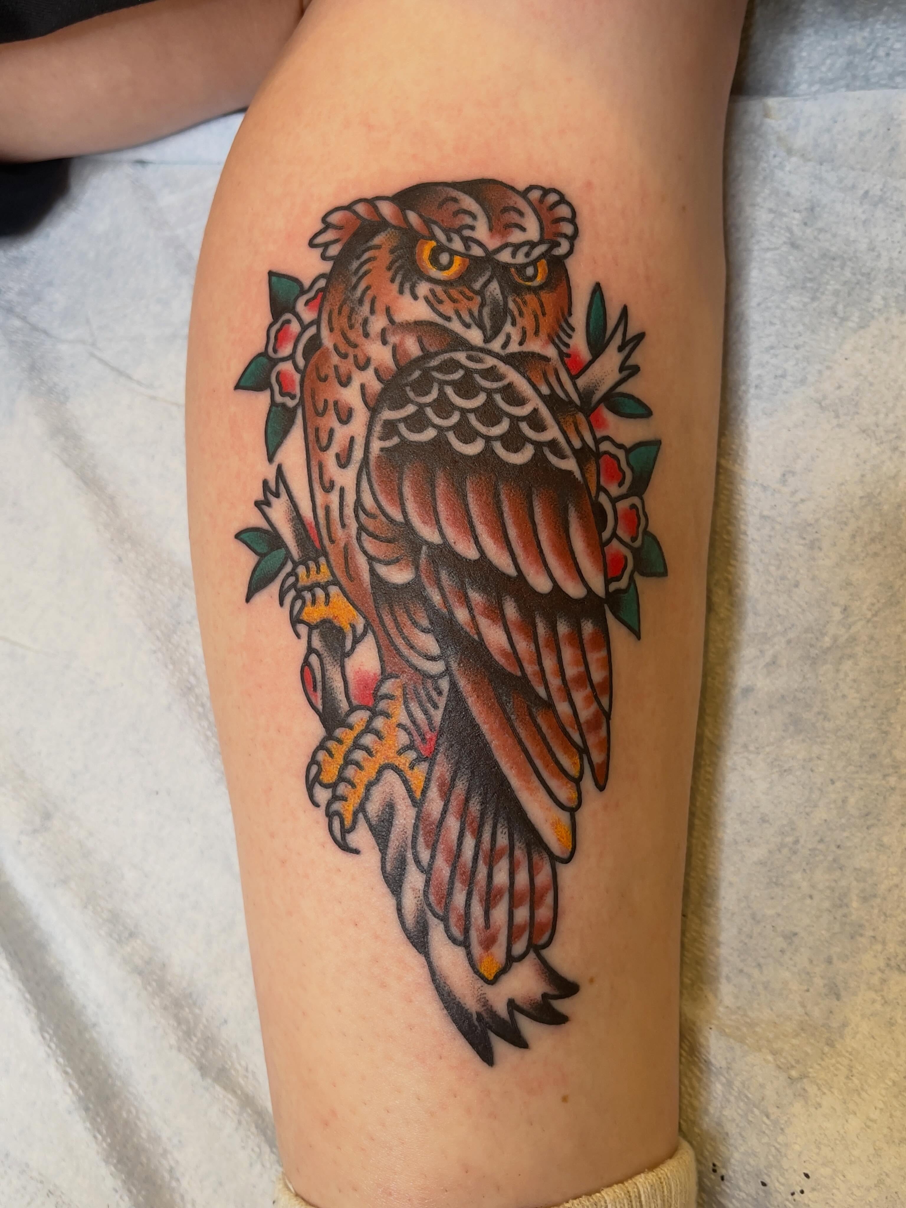 Owl American traditional tattoo on the forearm by Spencer Reisbeck