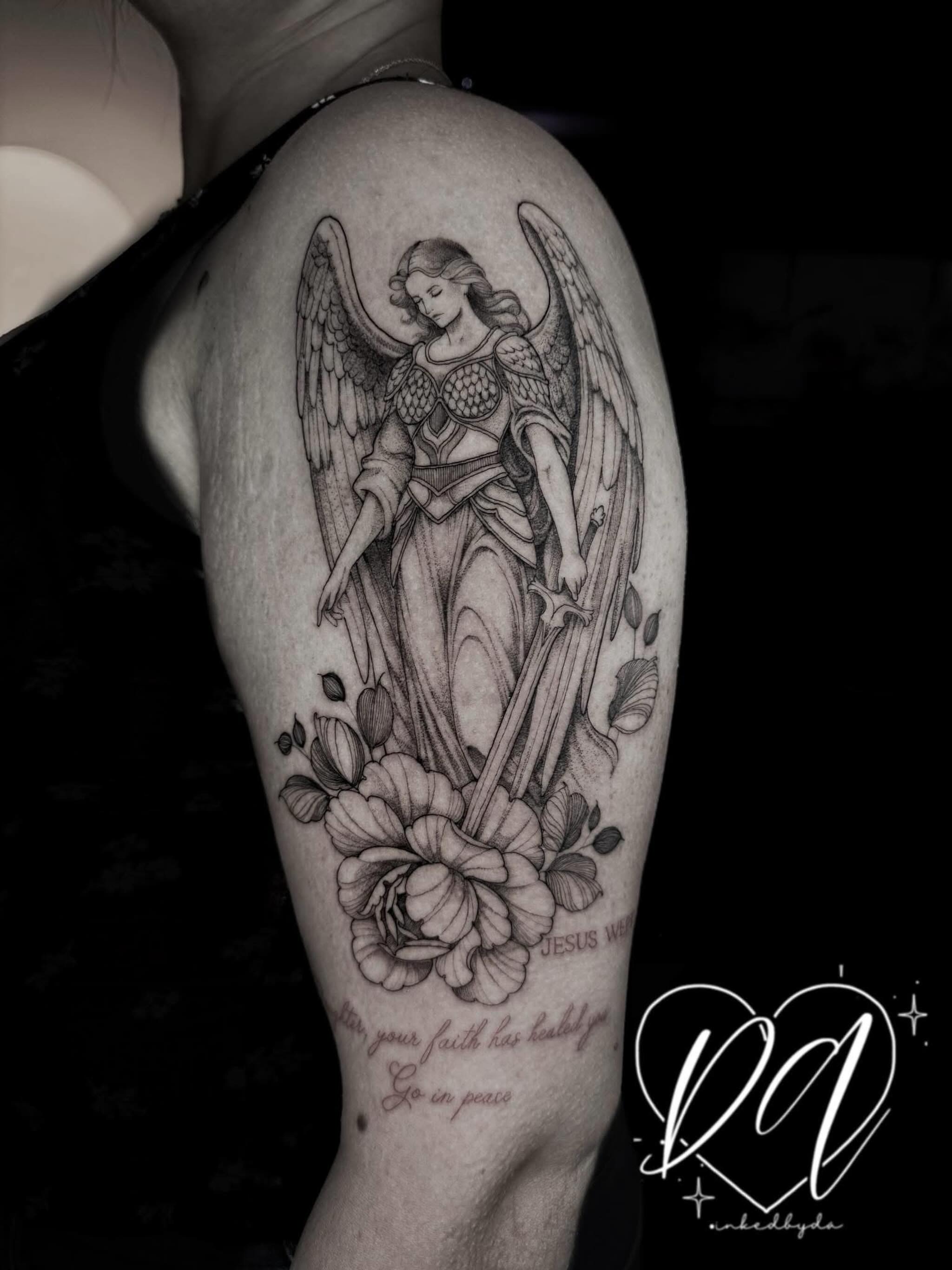 Angel with sword realism tattoo on the shoulder by Dalton Alexandria