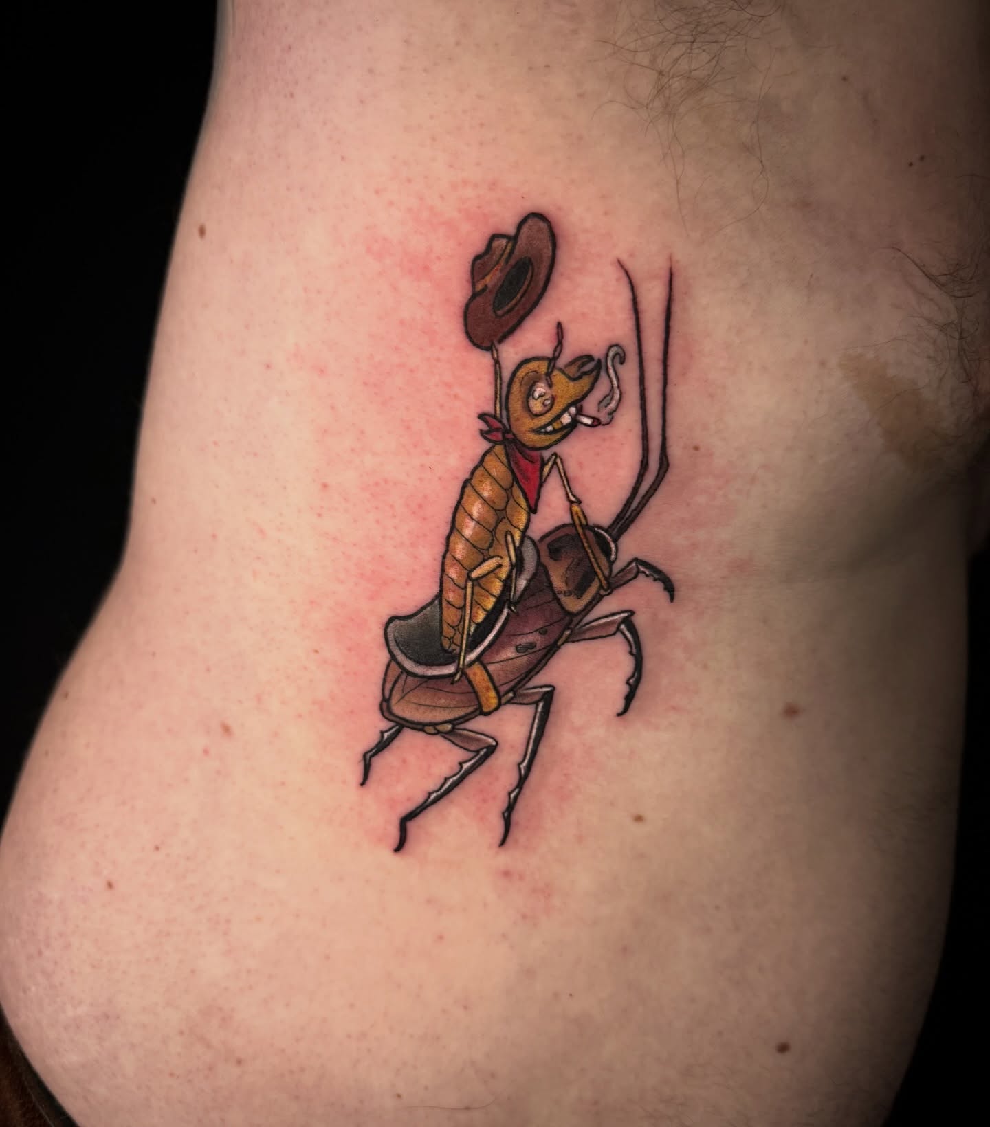Insect wearing cowboy hat realism tattoo on the thigh by Dee Florian