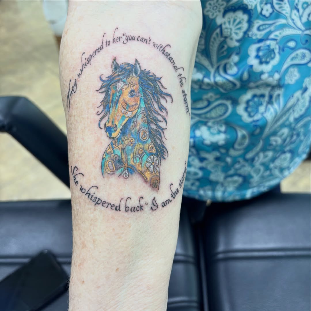 Horse dotwork tattoo on the forearm by Stephanie Rowe