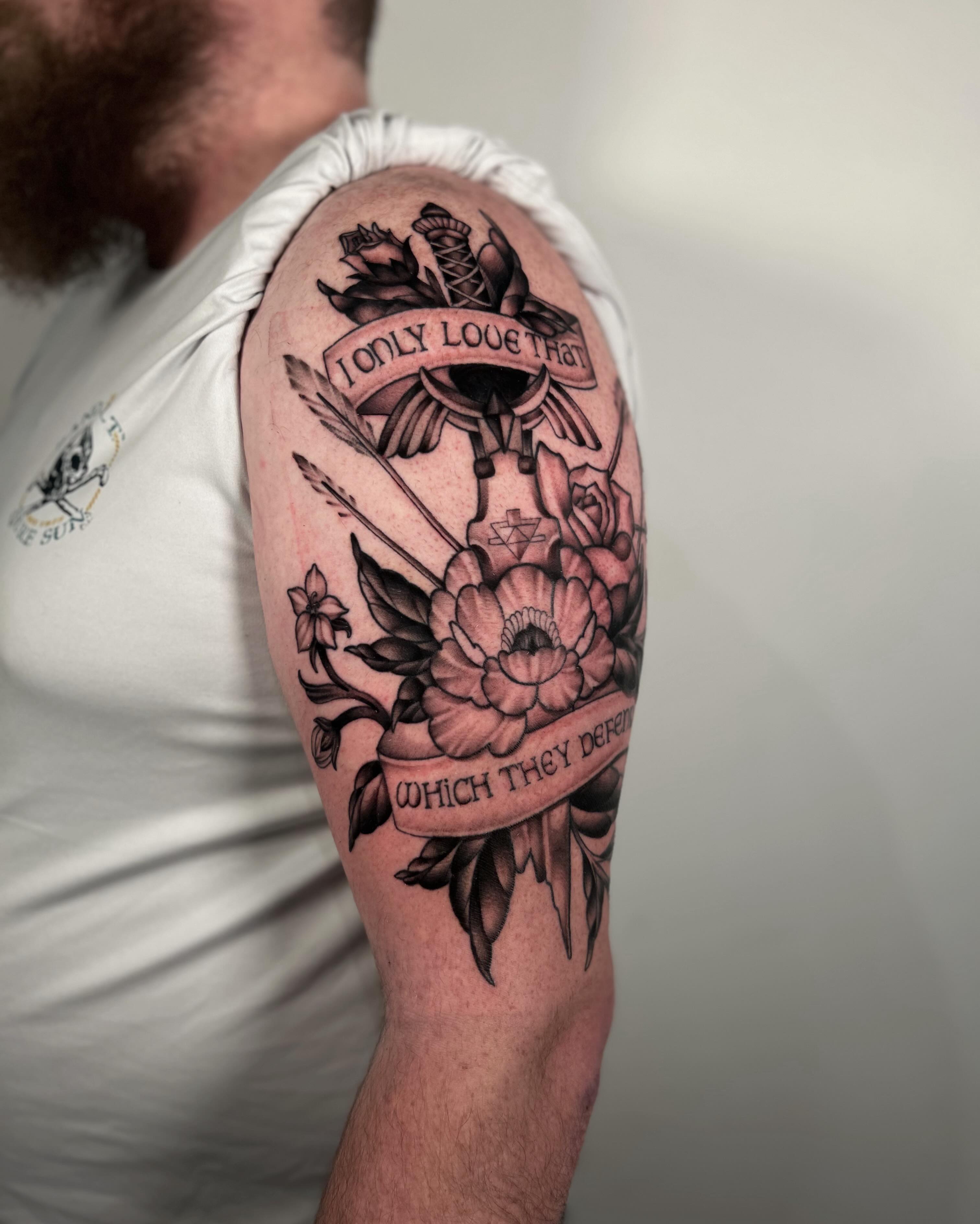 Floral arrangement with banner American traditional tattoo on the forearm by Salt Lake City tattoo artist