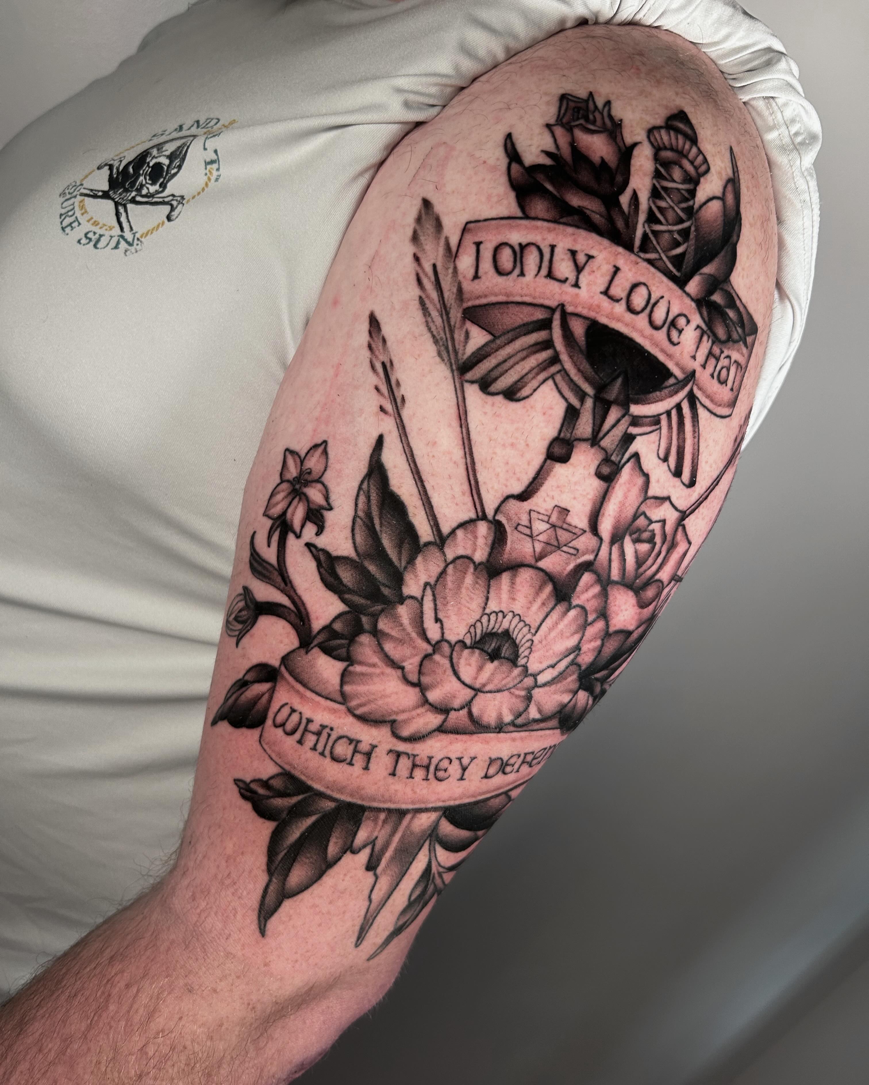 Floral arrangement with banner American traditional tattoo on the forearm by Salt Lake City tattoo artist