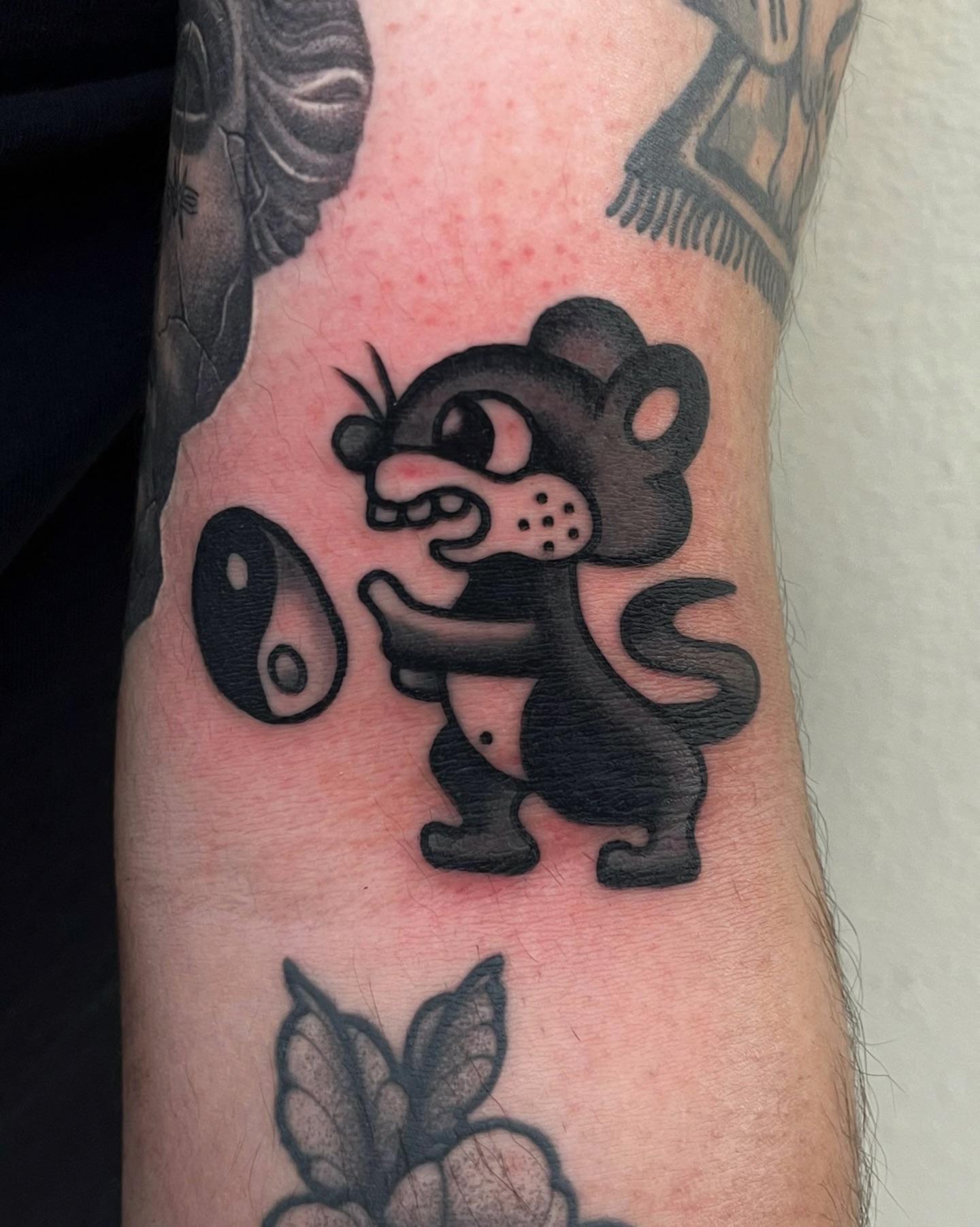 Bear and yin-yang black and grey tattoo on the forearm by Tattoo Dust ☻ Los Angeles