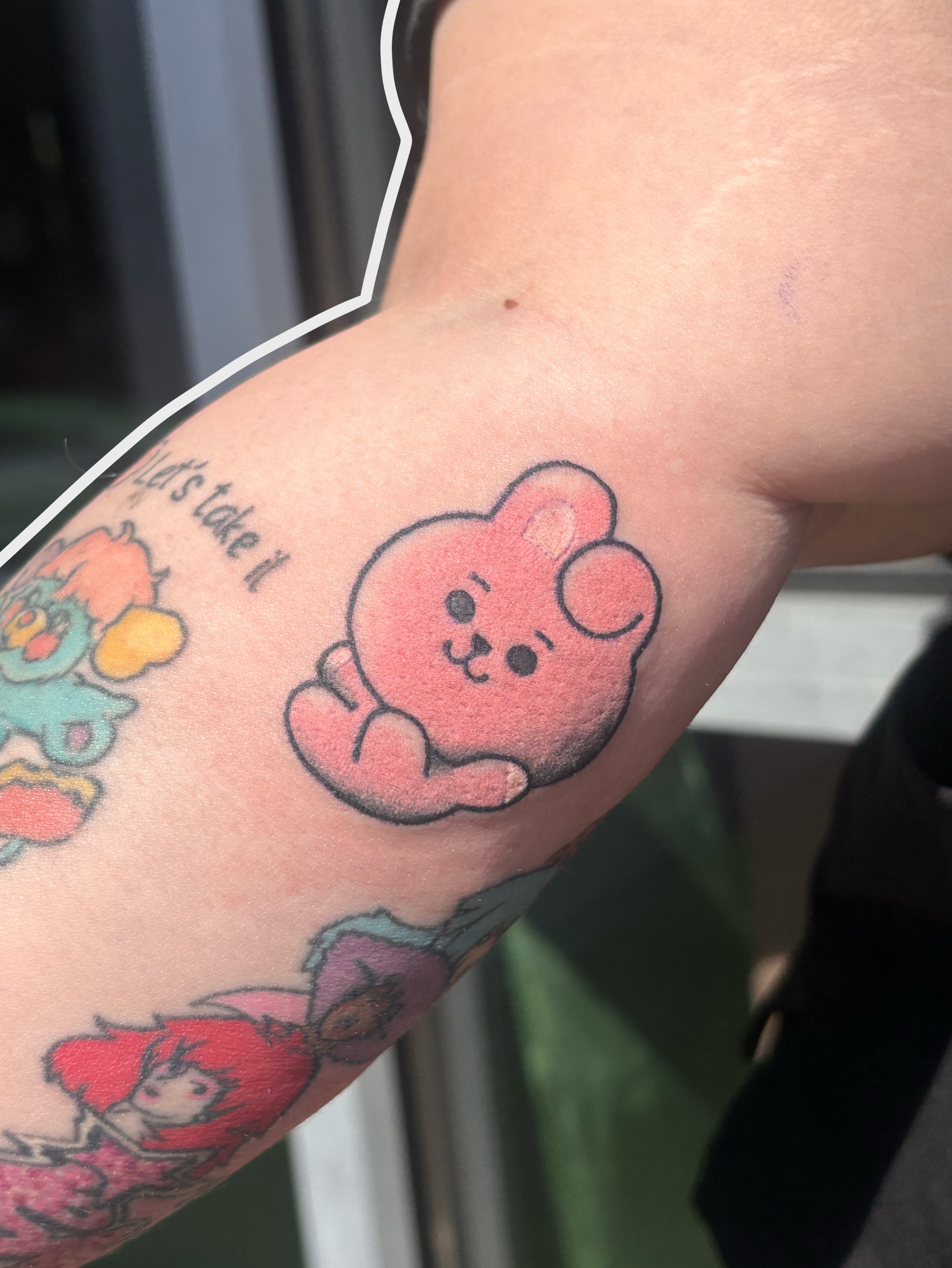 Kawaii bear dotwork tattoo on the forearm by Emmy Stepien