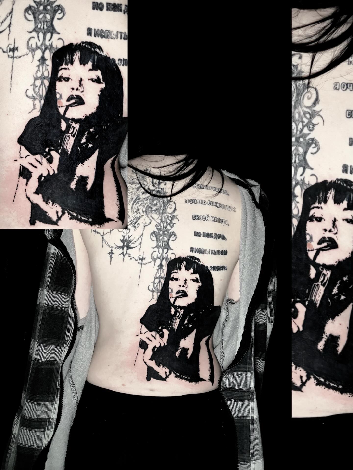 Woman smoking black and grey tattoo on the torso by Dev