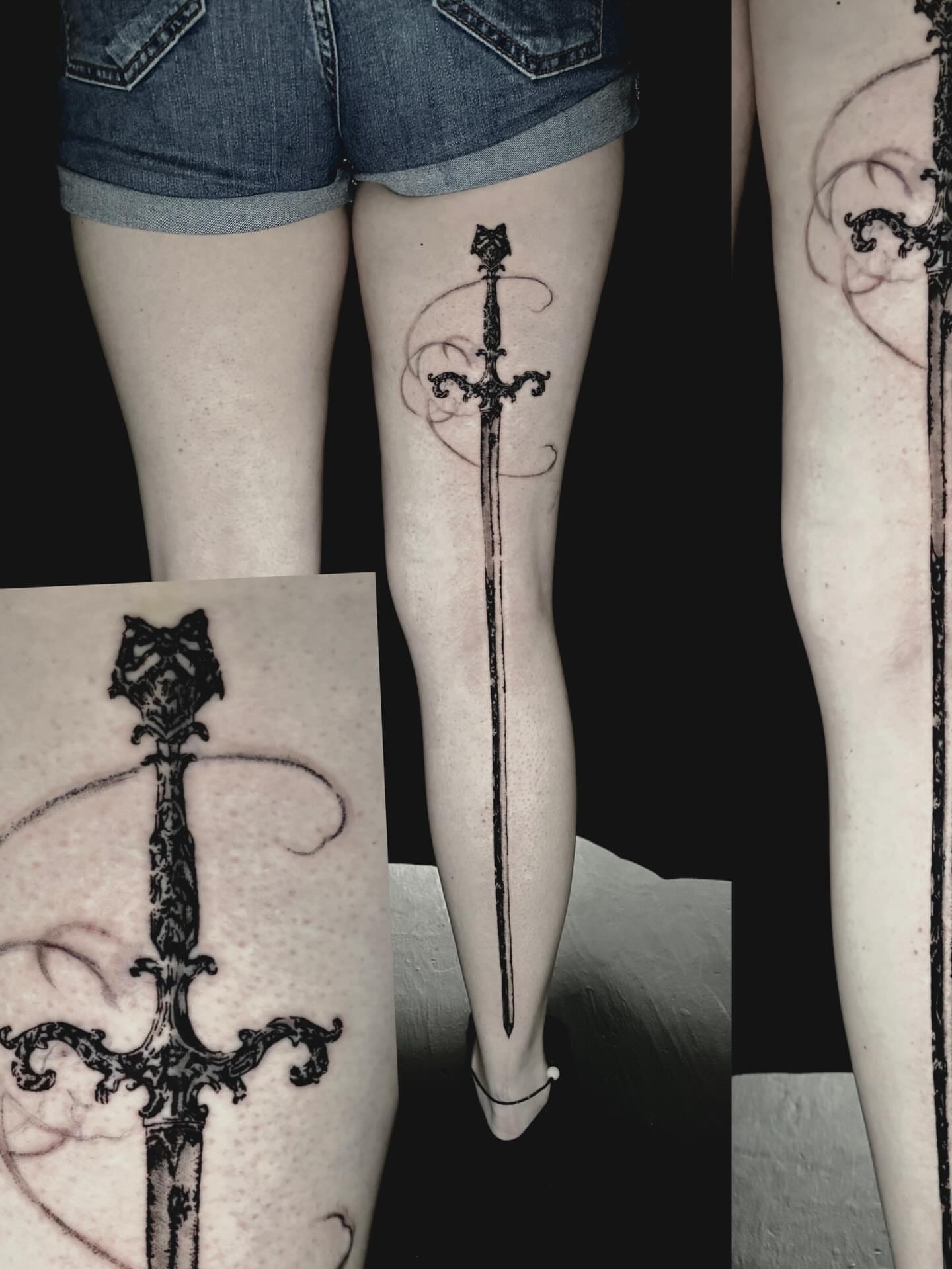 Sword black and grey tattoo on the leg by Dev
