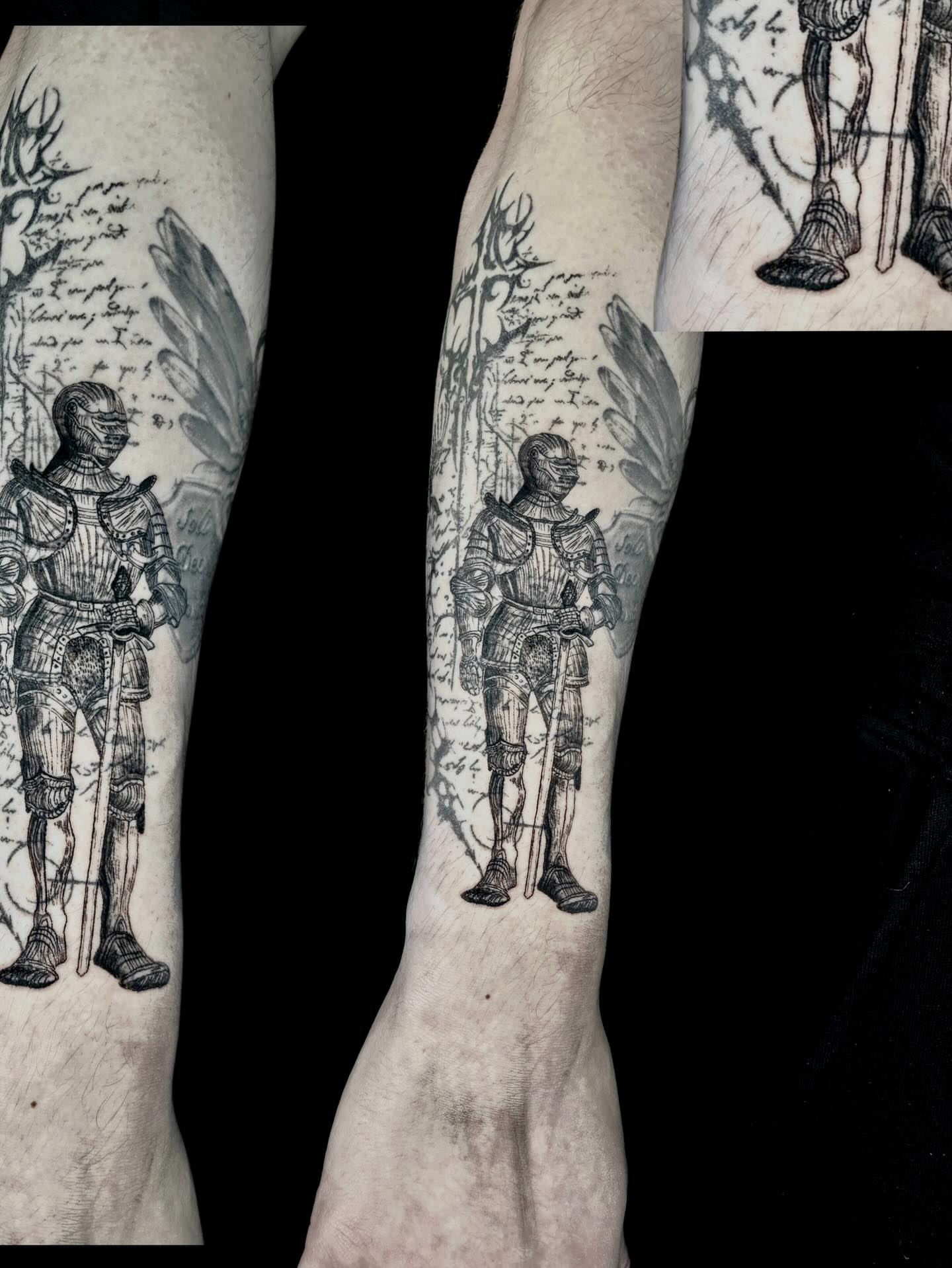 Knight in armor black and grey tattoo on the forearm by Dev