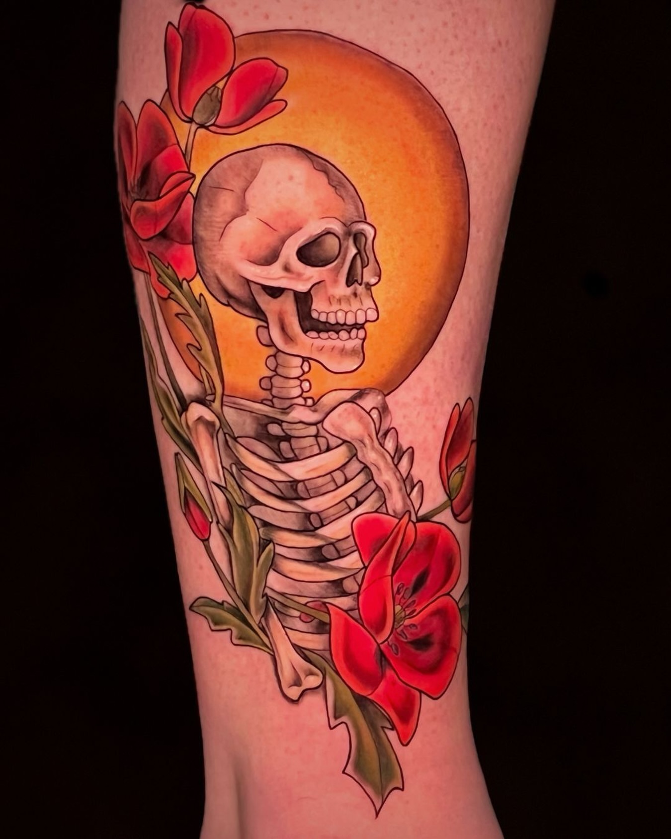 Skeleton with flowers realism tattoo on the forearm by Michelle Pomerantz 🌼 Portland Tattoo Artist