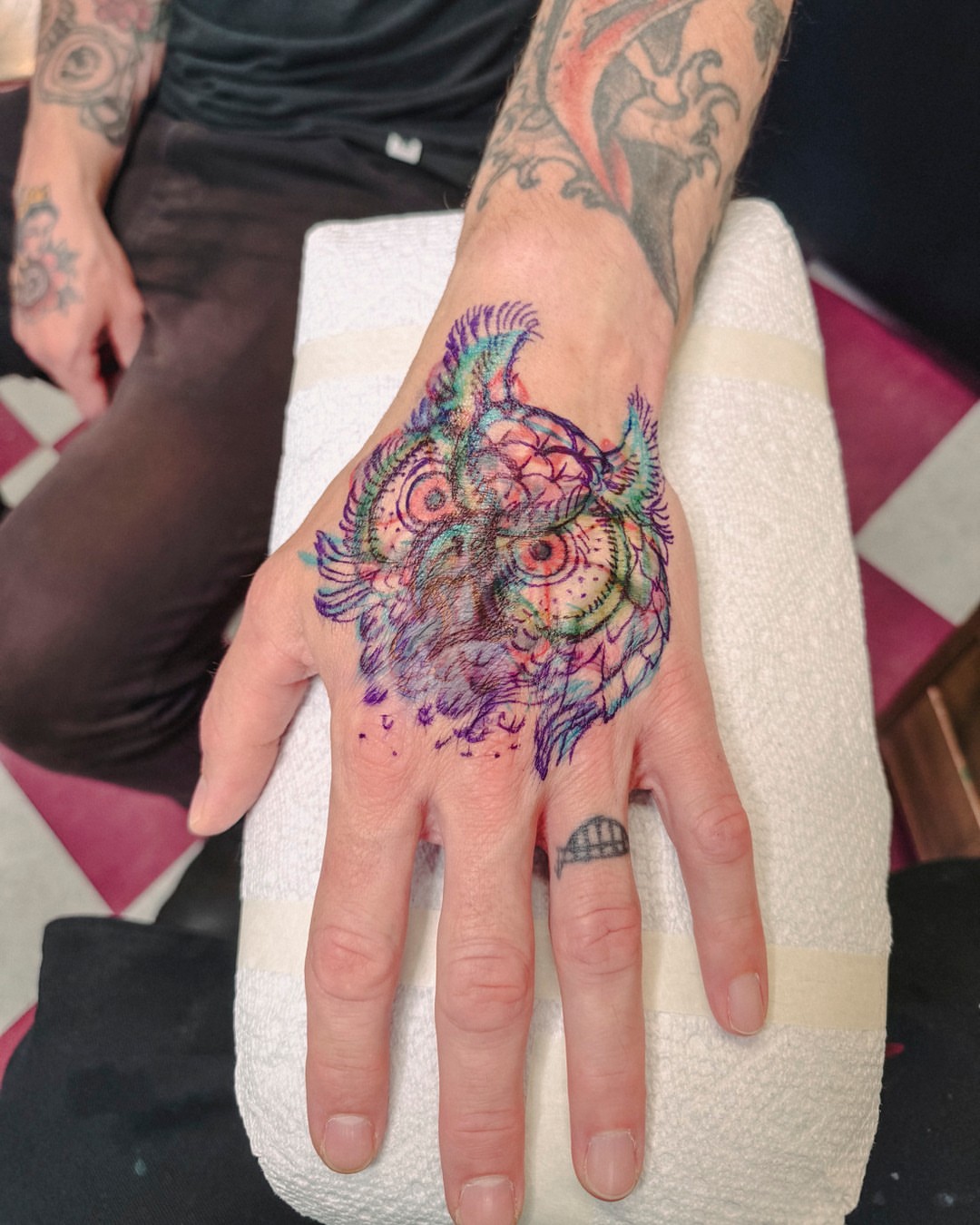 Owl dotwork tattoo on the hand by Dan Gilsdorf, Portland, Oregon