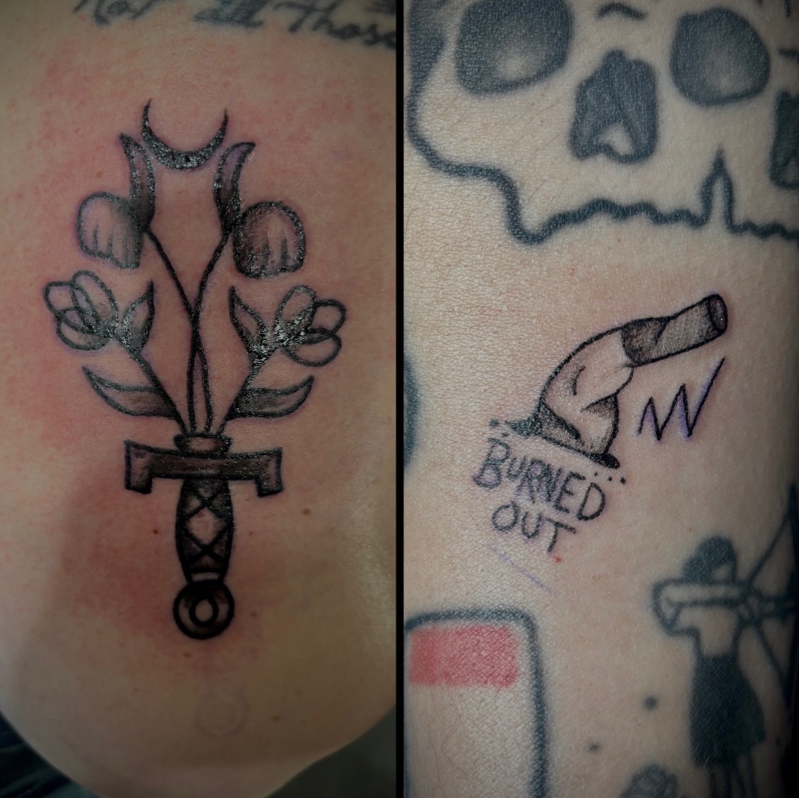 Knife with flowers black and grey tattoo on the forearm by Rayne