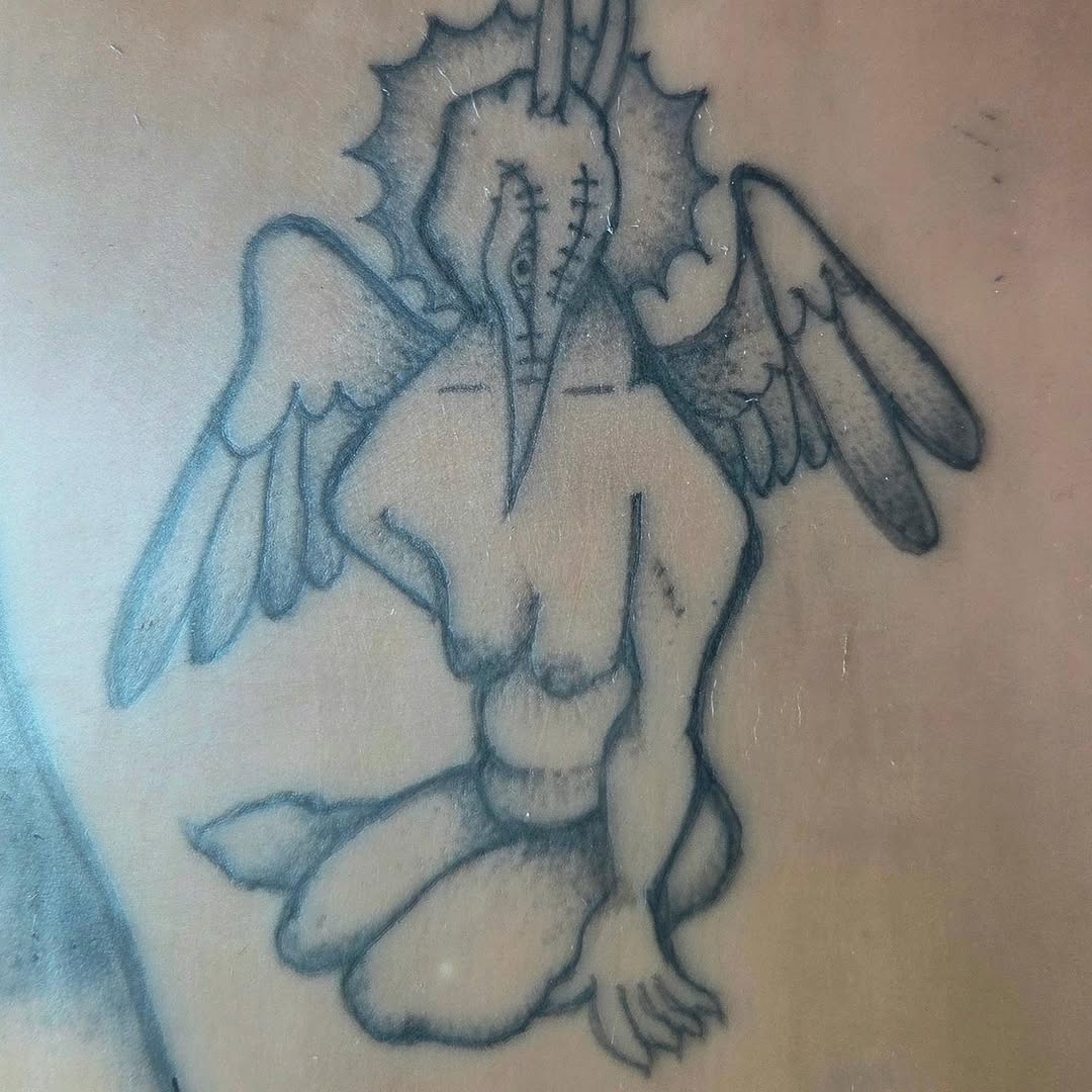 Winged figure with bird head cyber sigilism tattoo by π«