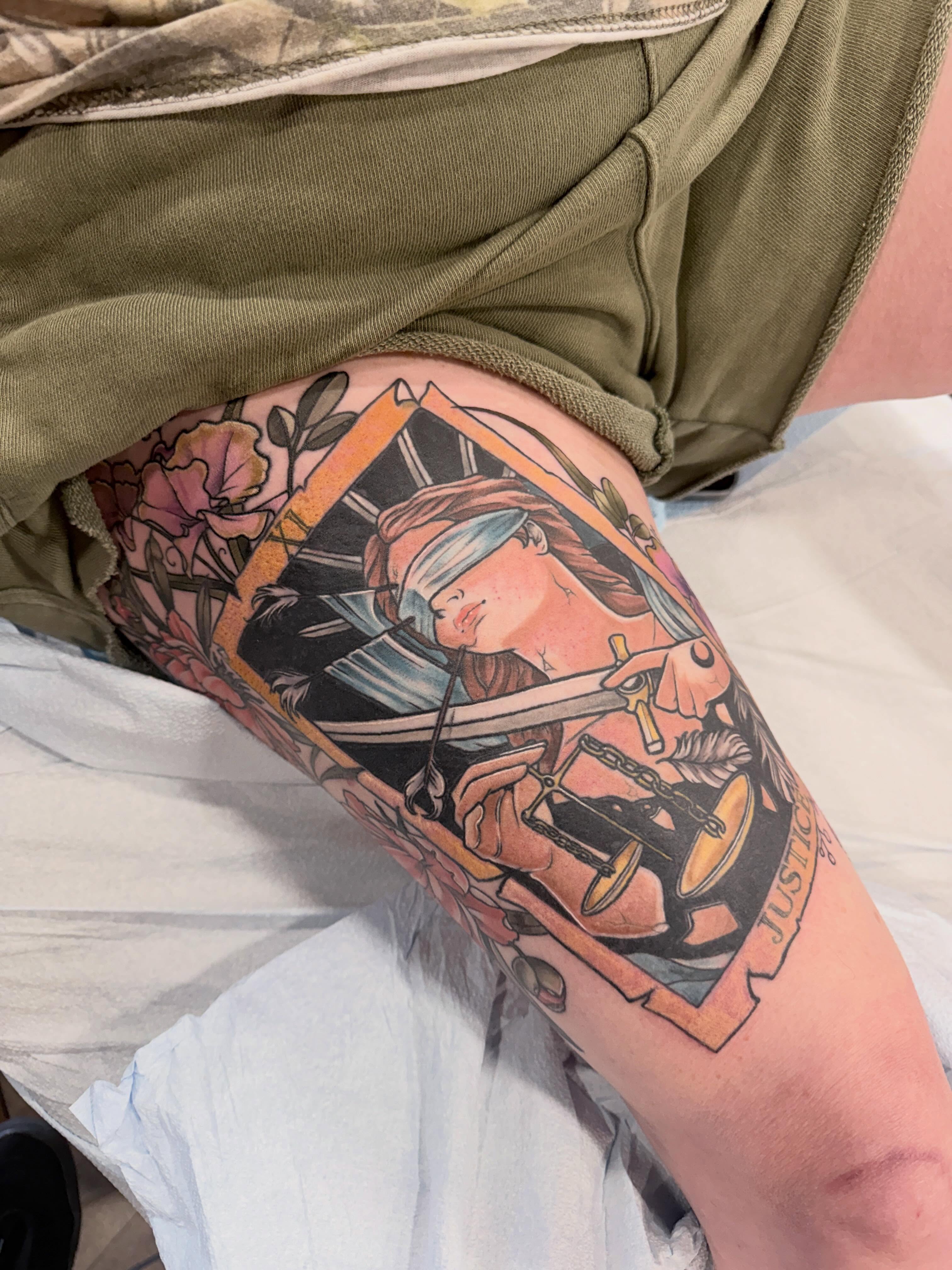 Justice scale realism tattoo on the thigh by 🦋ｊｅｓｓｉｃａ  f  o  x🦋, Nashville, Tennessee