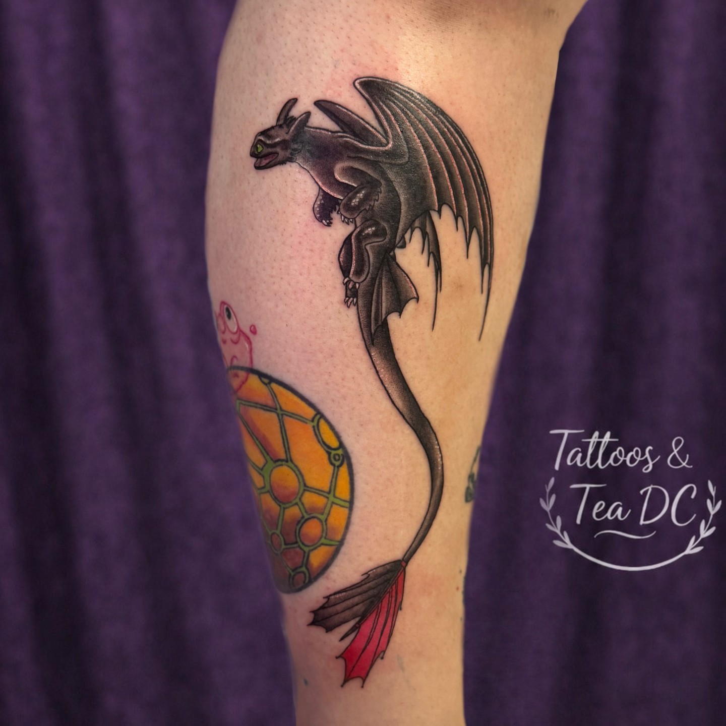 Dragon and turtle dotwork tattoo on the forearm by Tattoos & Tea DC, Arlington, Virginia