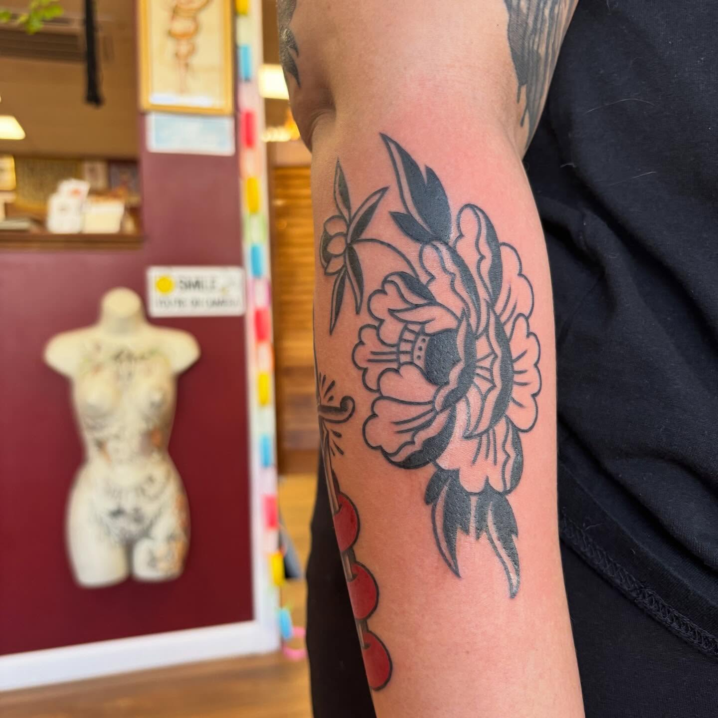 Flower black and grey tattoo on the forearm by katie lou, Norwich, Connecticut