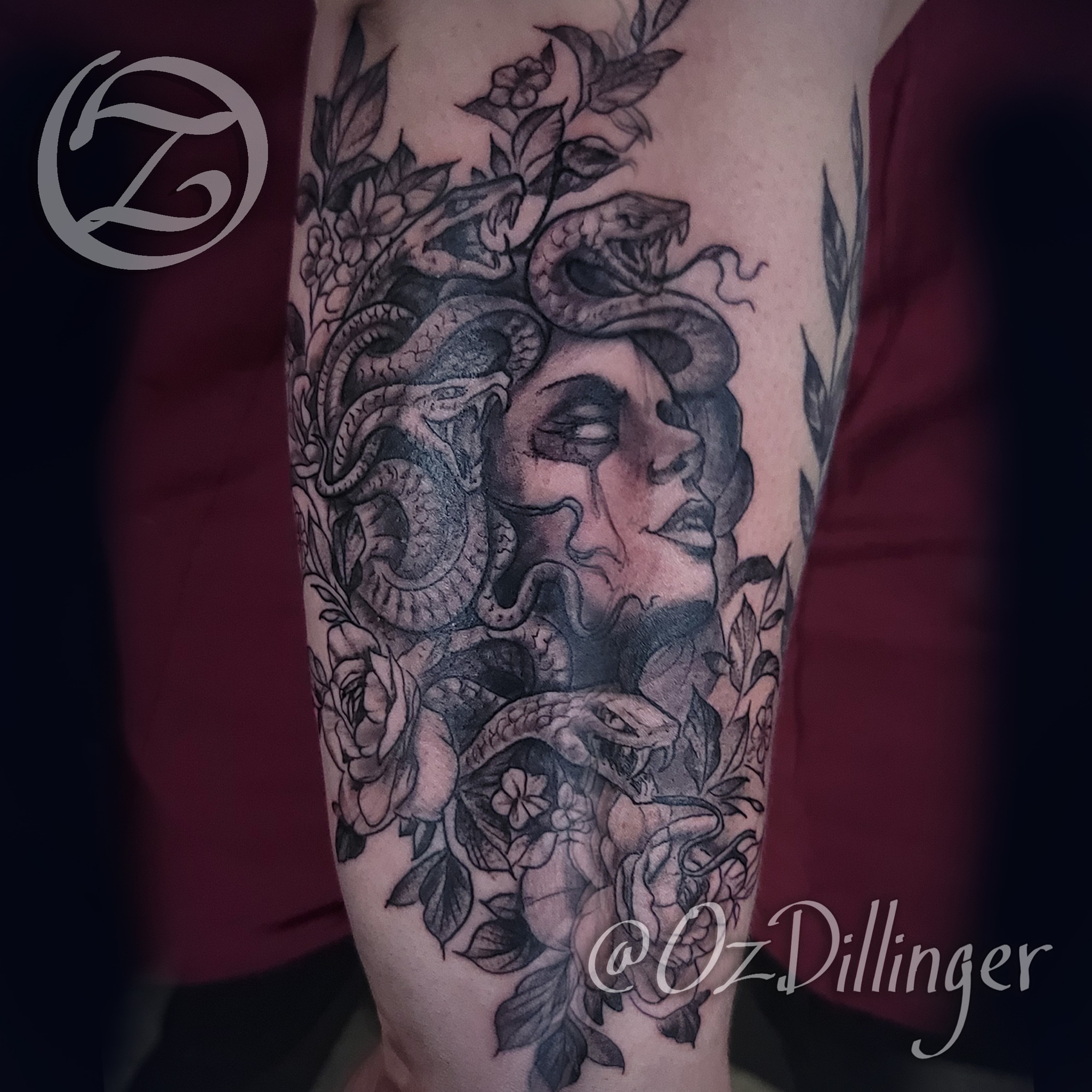 Medusa realism tattoo on the forearm by Oz Dillinger