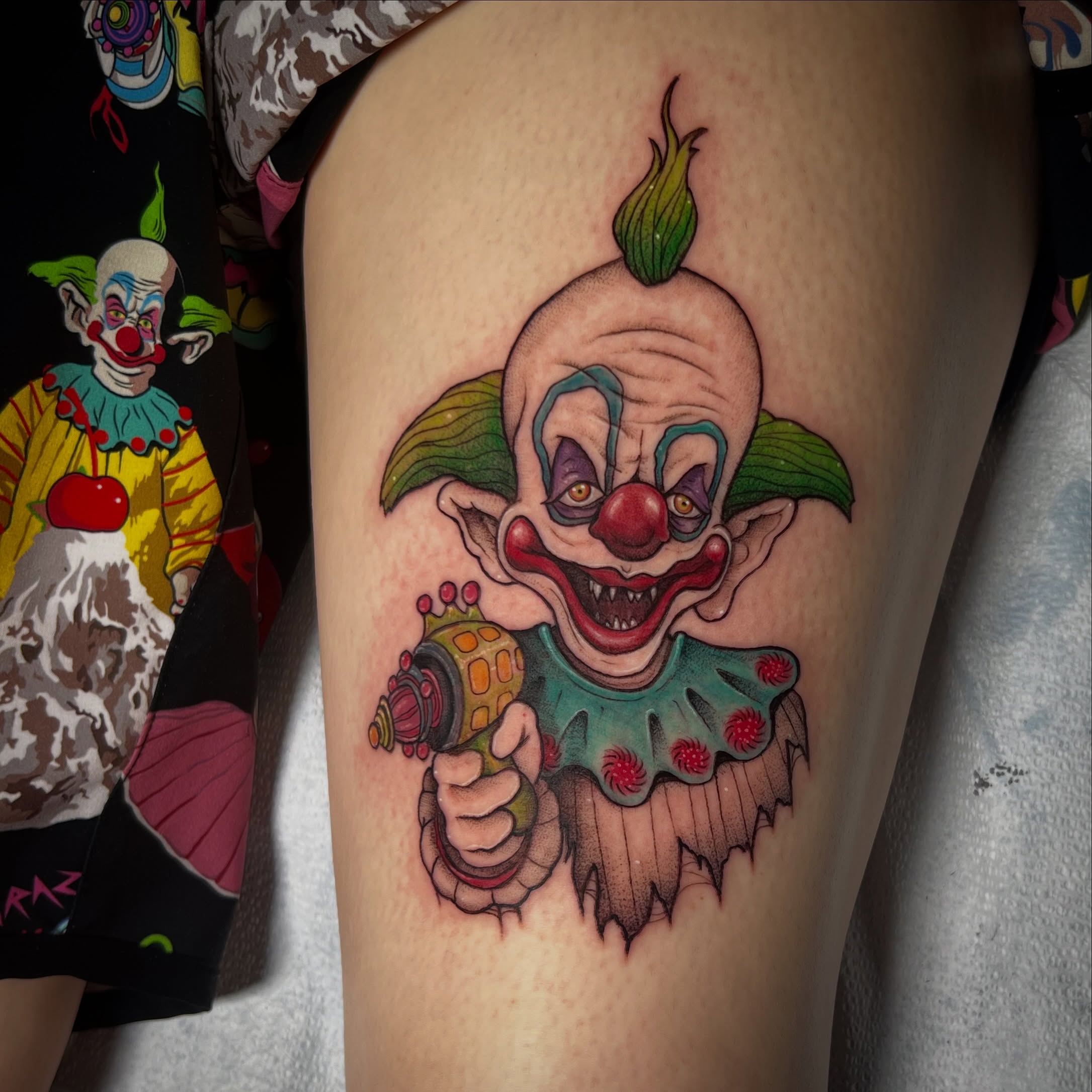 Clown realism tattoo on the thigh by Elaine Nerowski ☾