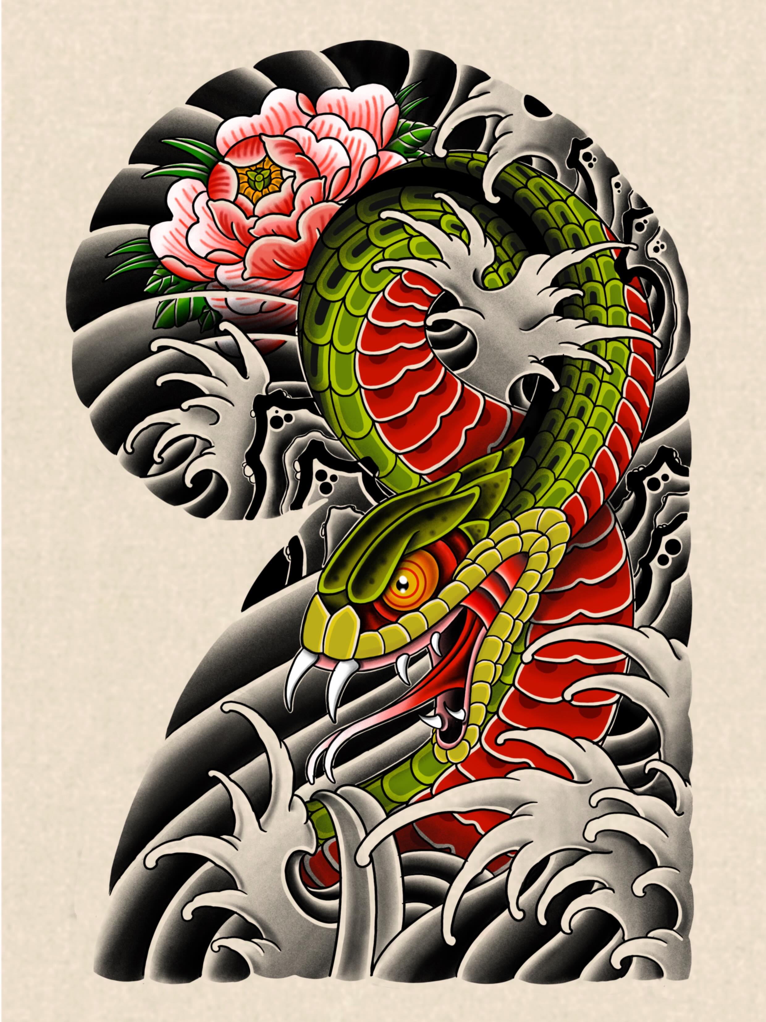 Snake and peony American traditional tattoo on the forearm by Eoghann McGregor