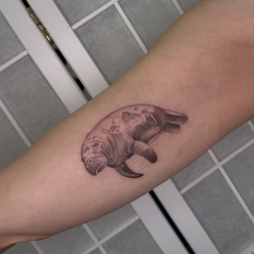 Manatee realism tattoo on the forearm by Josh Infante