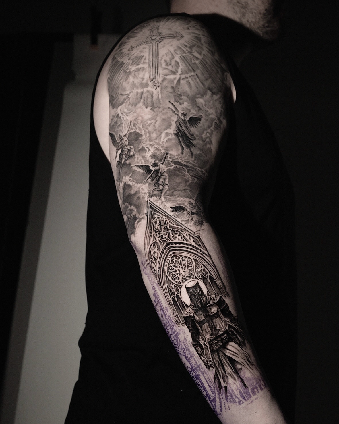 Religious scene realism tattoo on the forearm by AMU