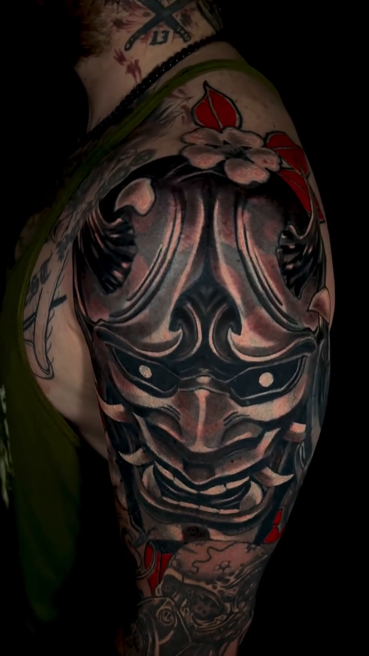Oni mask tattoo on arm Japanese tattoo on the forearm by Sweets, Nashville, Tennessee